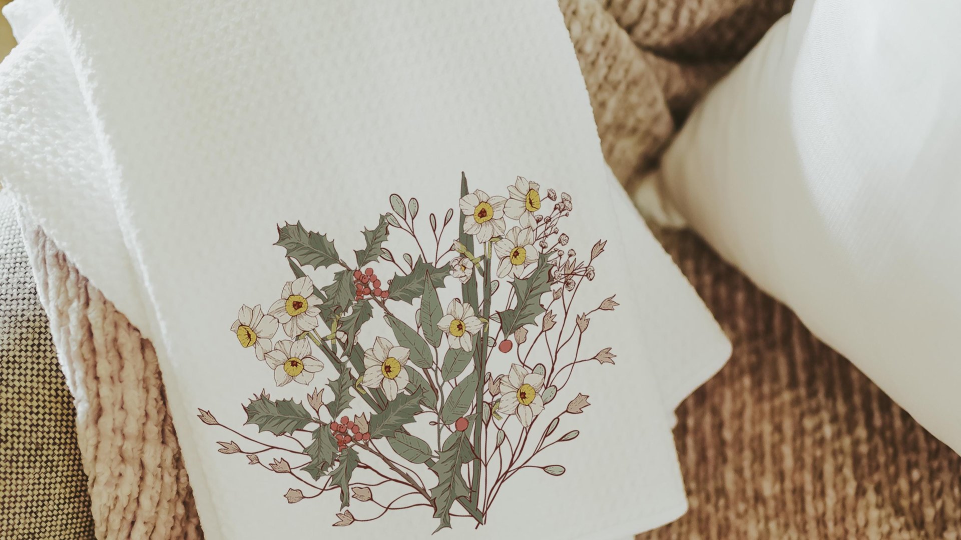 narcissus flower kitchen tea towels for bathroom, December birth flower gift for friend birthday gifts for her, Christmas housewarming gift