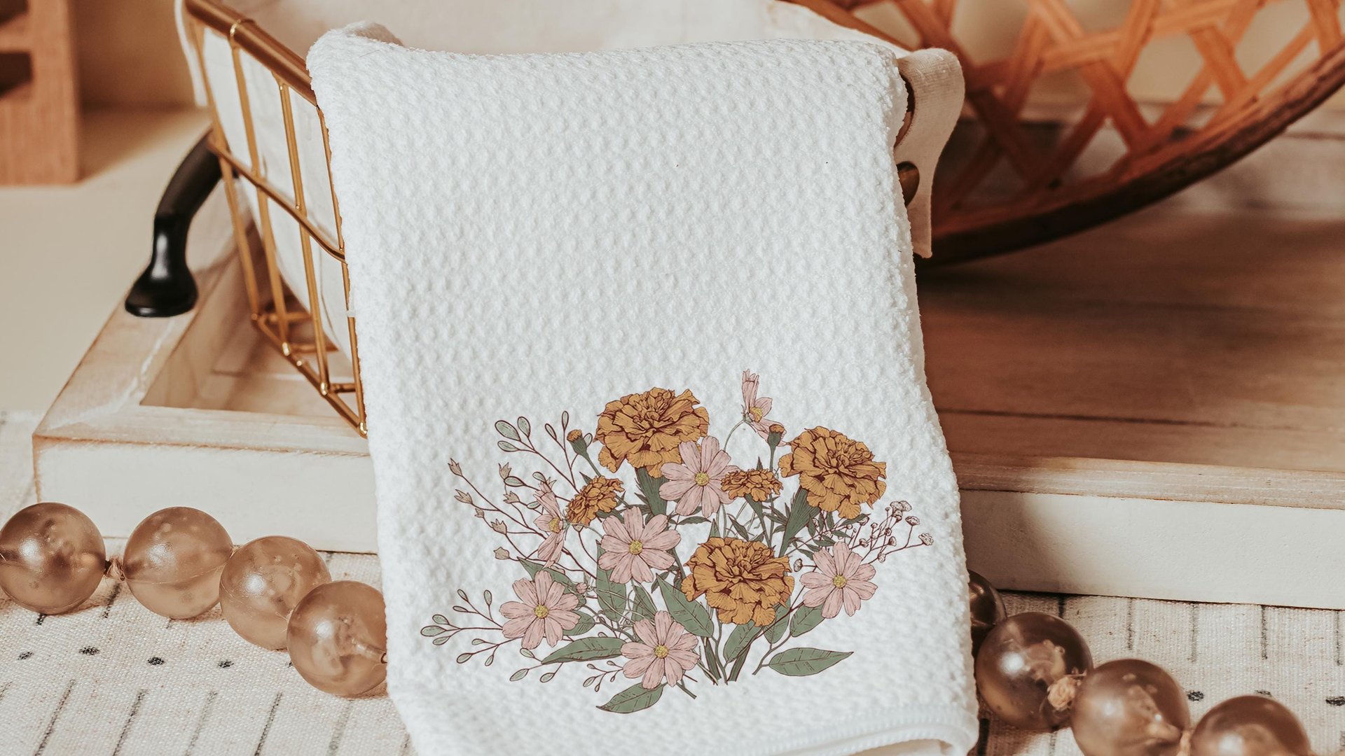 marigold flower kitchen towels, fall host gift, October birthday gifts for her, blush pink cosmos flower hand towels, fall style gift, guest