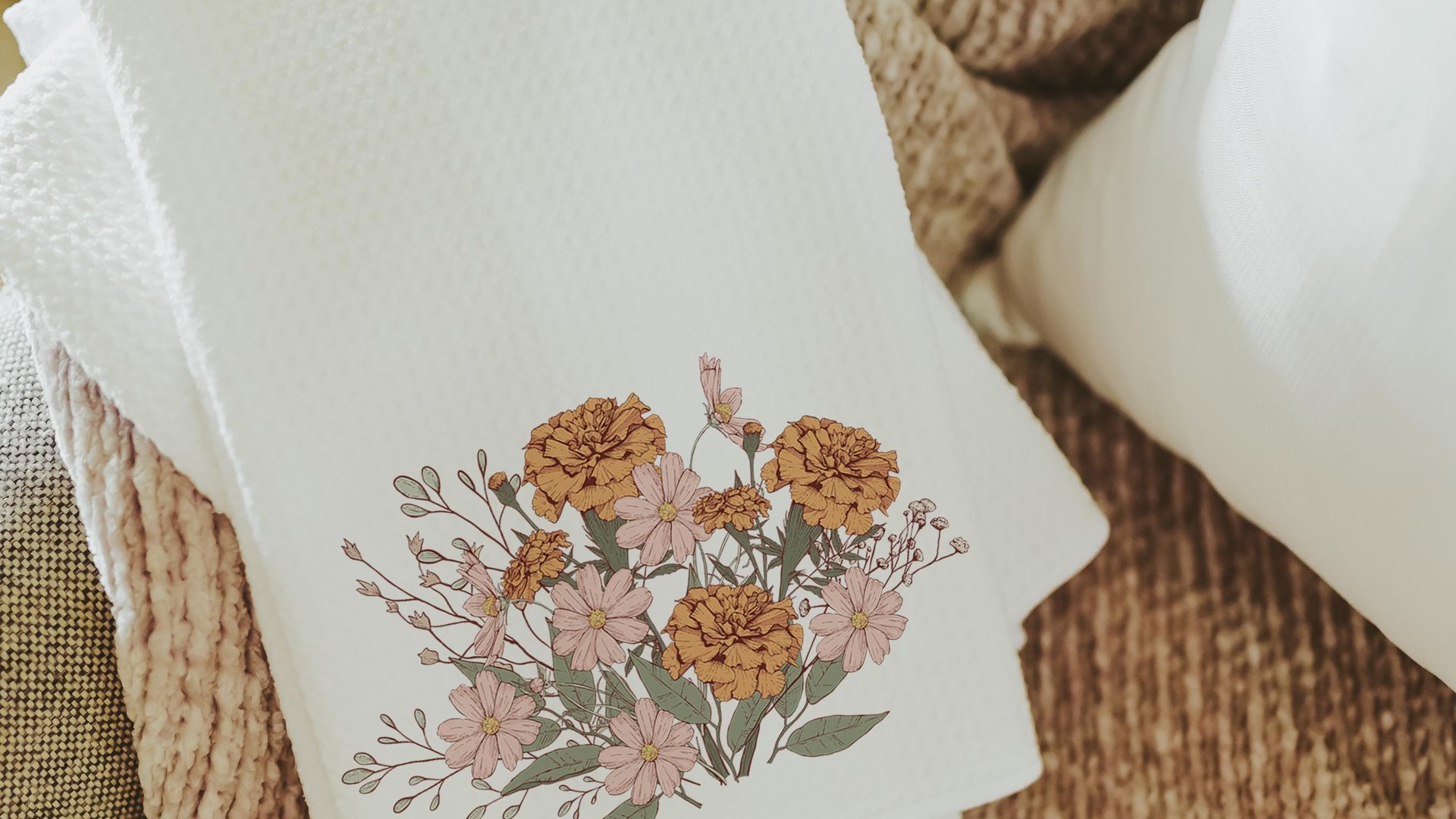 marigold flower kitchen towels, fall host gift, October birthday gifts for her, blush pink cosmos flower hand towels, fall style gift, guest