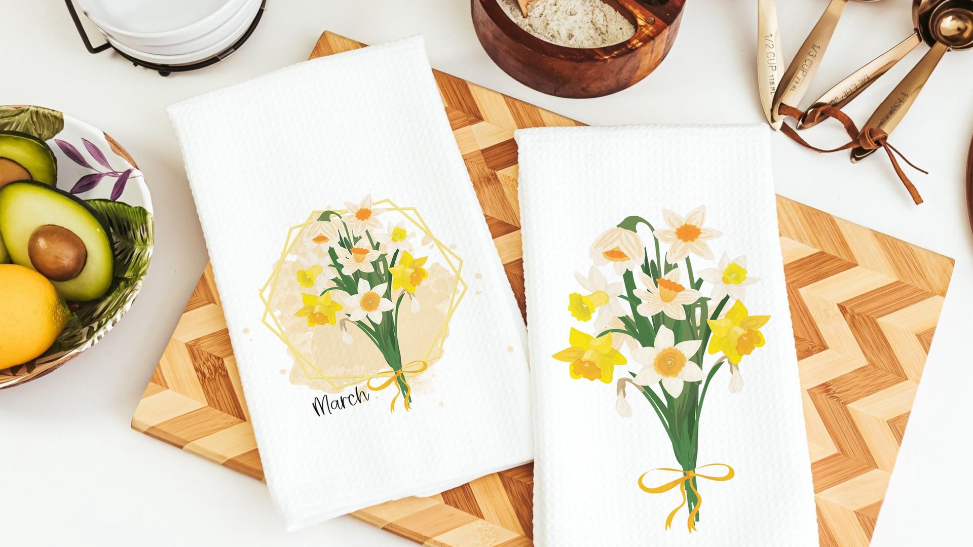 daffodil flower throw pillow for sofa, March birth flower gift for Mom, narcissus flower kitchen towels, March birthday gifts for women