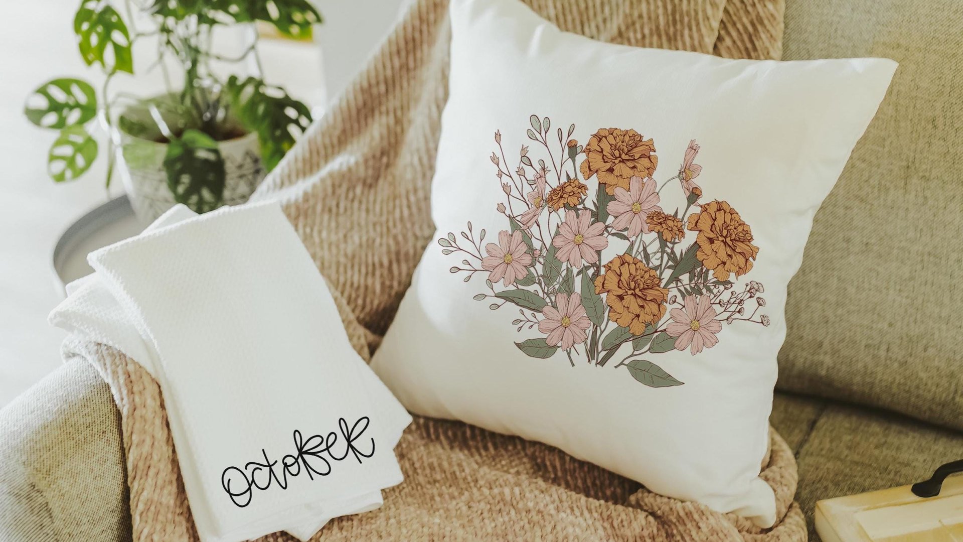 blush pink cosmos & orange marigold throw pillow for bed, October birthday kitchen towels, October birth month flower gifts for her, best