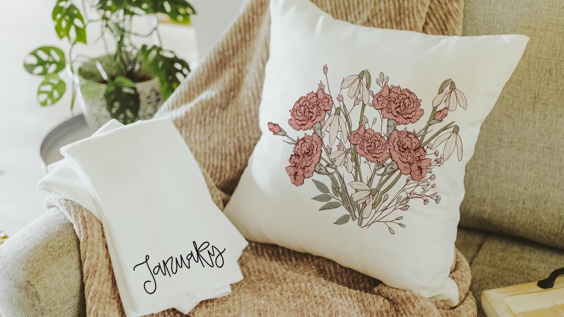 carnation flower throw pillow for couch, January birthday kitchen towels for Mom, snowdrop flower January birth flower gifts for friends