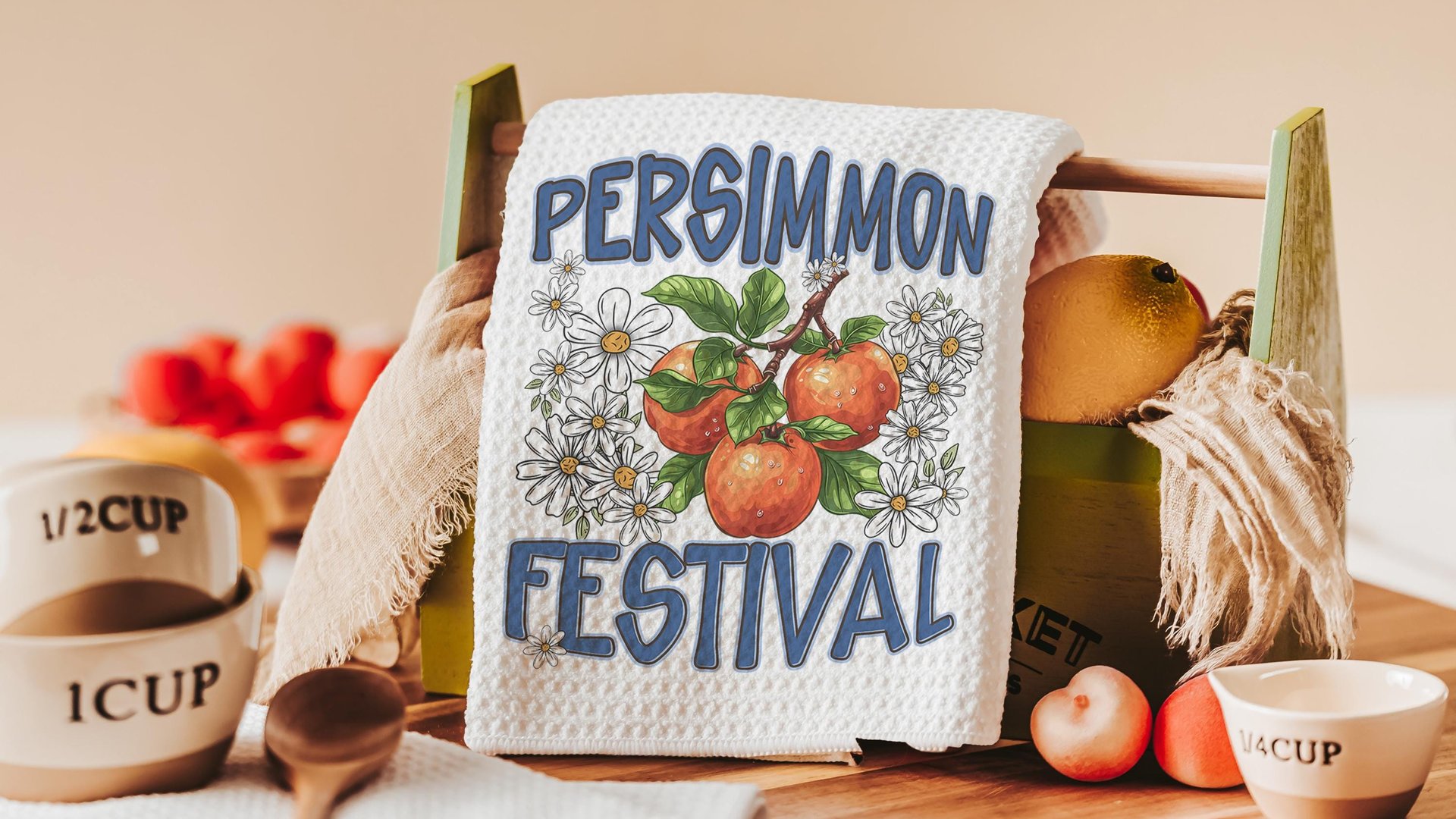 persimmon festival fruit kitchen towels for summer hand towels for bathroom, persimmon decor, Indiana gifts, persimmon botanical kitchen