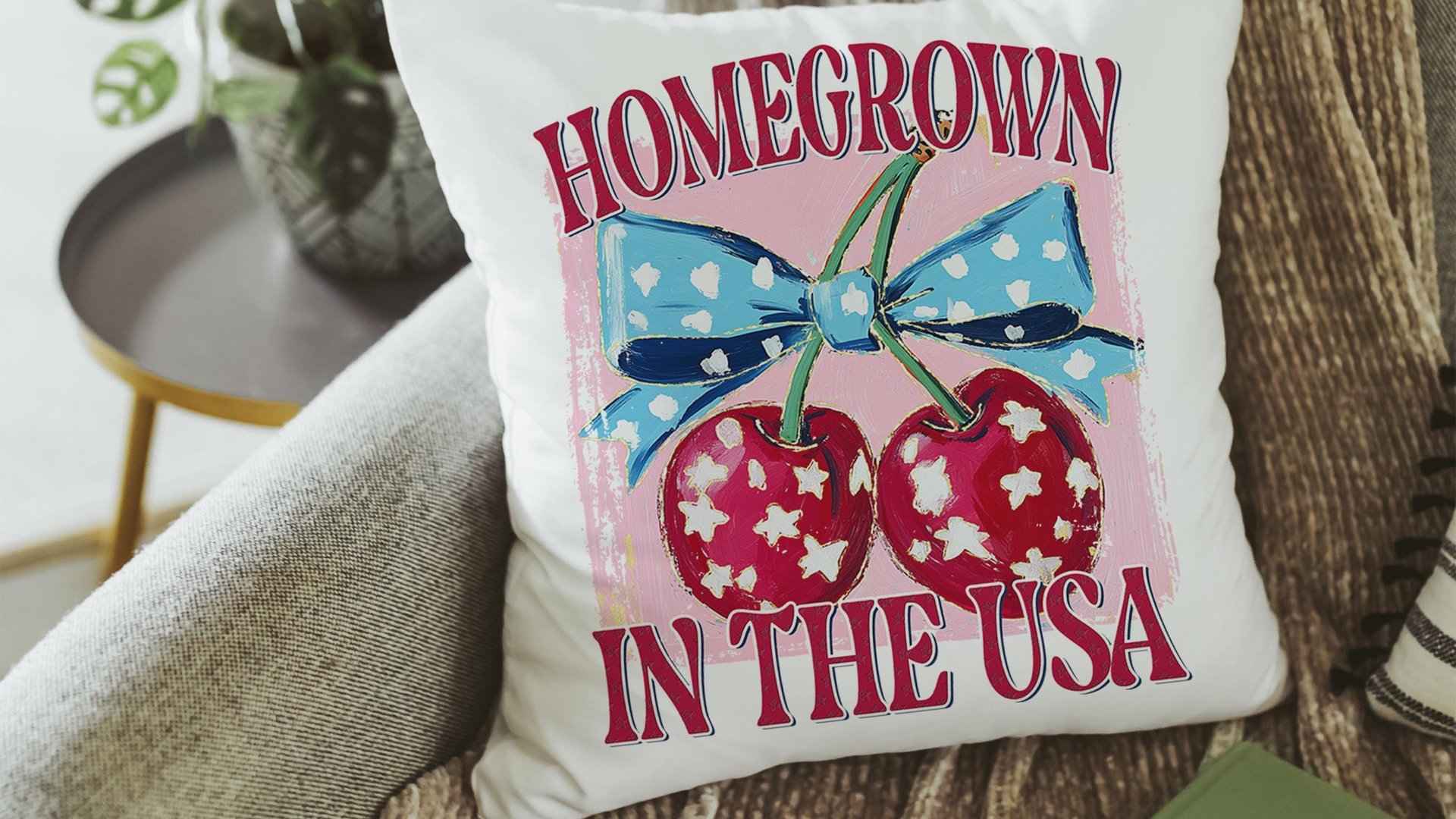 home grown cherry vibes throw pillows for porch swing, USA kitchen towel for Mom, 4th of July Americana pillow covers 18x18, patriotic gifts