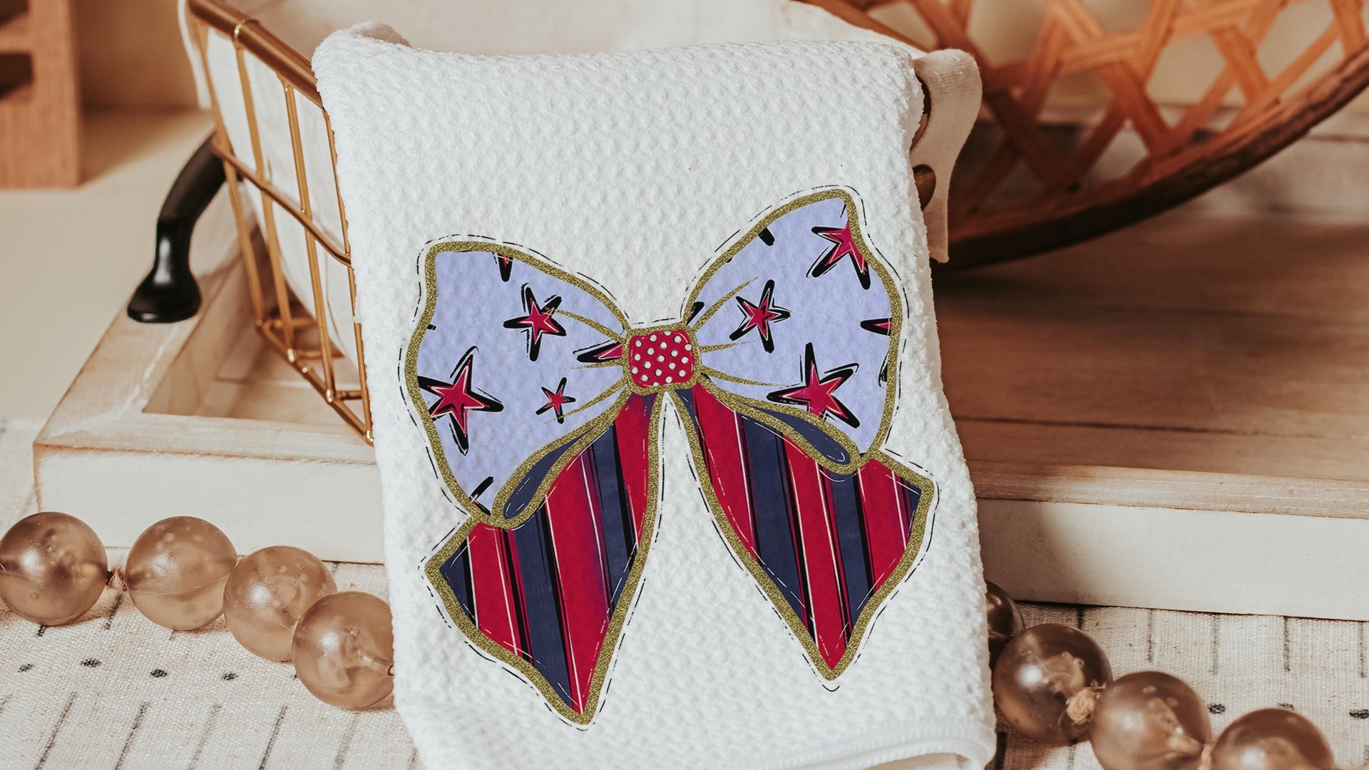 stars and stripes coquette kitchen towel for mom, God bless America 4th of July throw pillows for porch swing, patriotic gifts for women