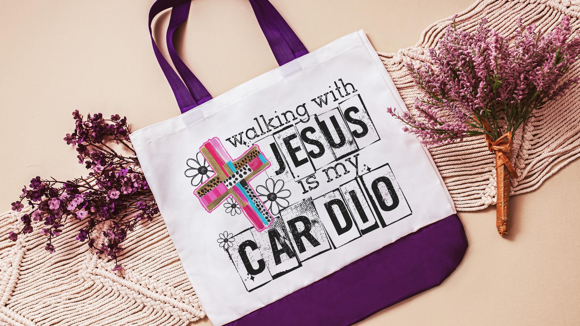 walking with Jesus Christian tote bags for women, religious Christmas gifts for godmother, walking with the Lord is my cardio faith based