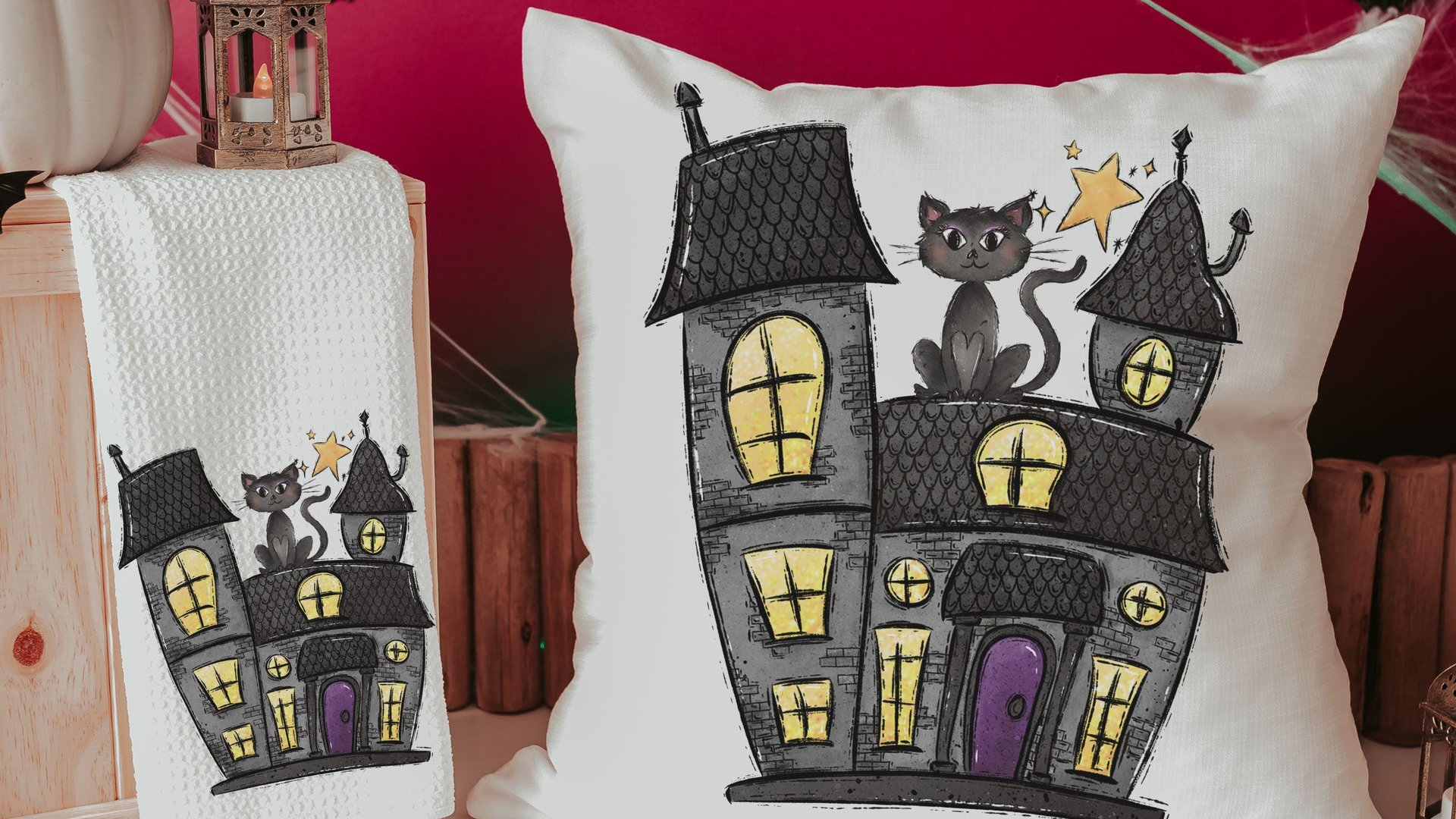 haunted house spooky cute Halloween kitchen towels, whimsigoth decor, whimsical Halloween gift set for women, black cat Halloween decor for
