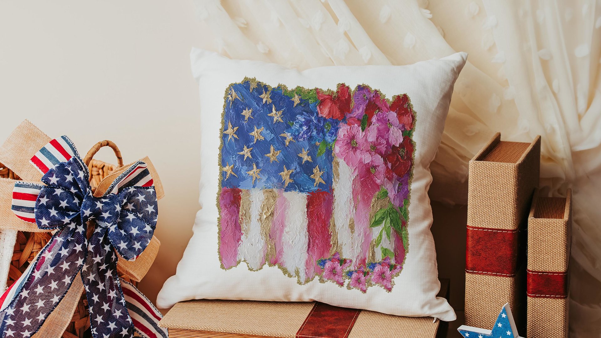 watercolor American flag throw pillow for porch swing, floral kitchen towels, 4th of July decor patriotic gifts for women, military wife