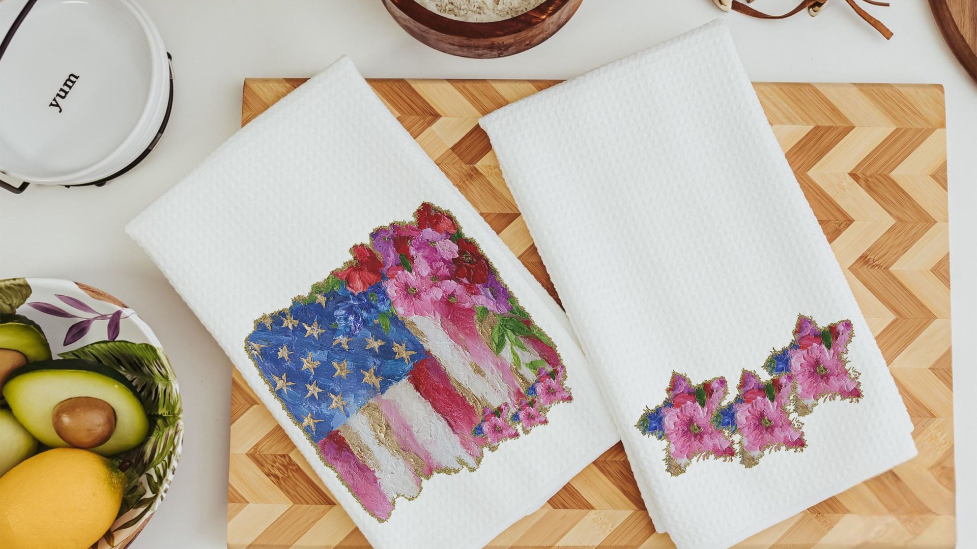 watercolor American flag throw pillow for porch swing, floral kitchen towels, 4th of July decor patriotic gifts for women, military wife