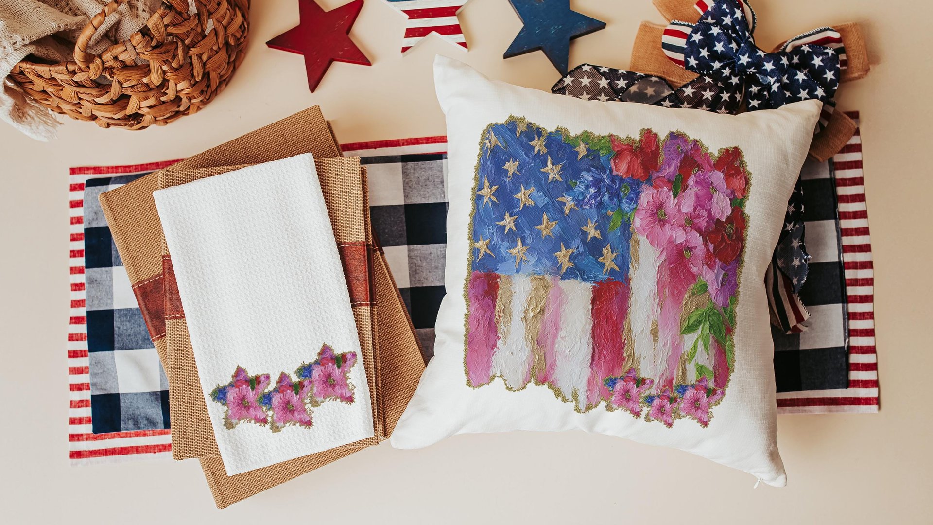 watercolor American flag throw pillow for porch swing, floral kitchen towels, 4th of July decor patriotic gifts for women, military wife