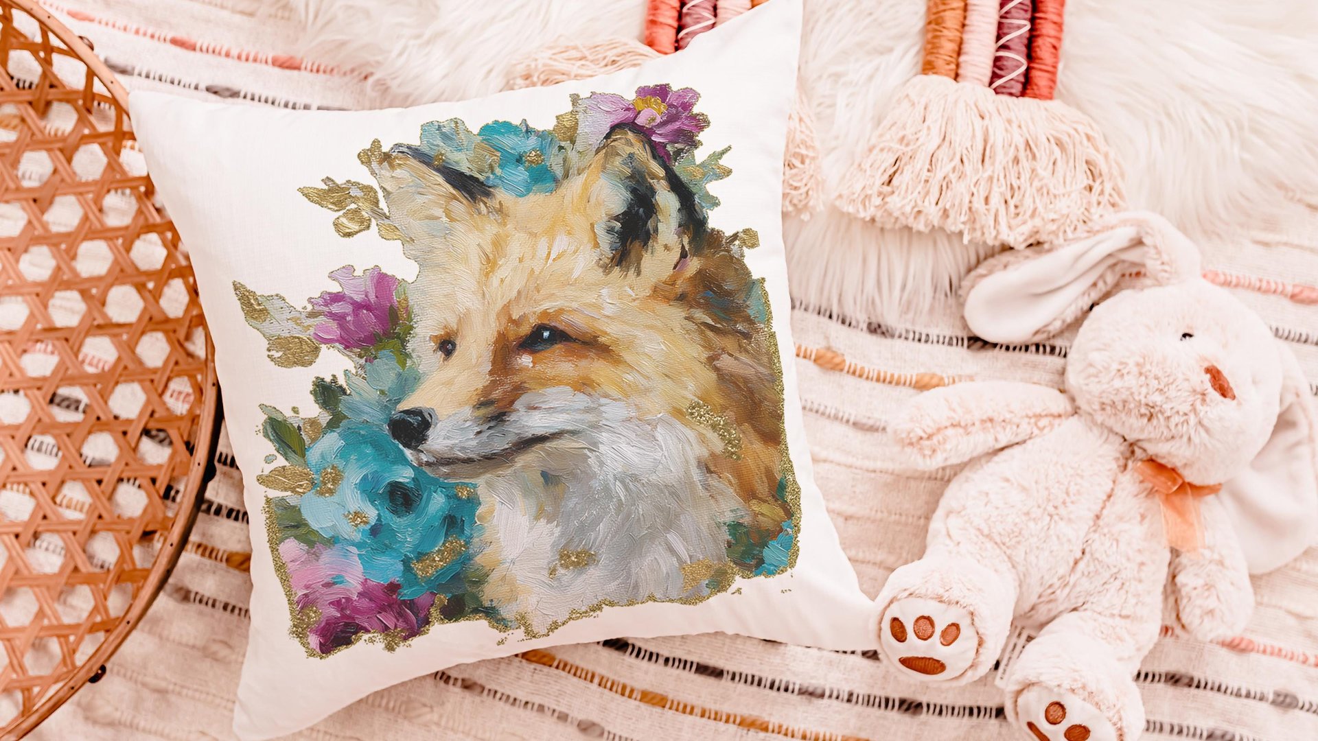watercolor fox throw pillow for dorm, floral fox bedroom decor, fox gifts for women, whimsical woodland nursery decor, college gifts for