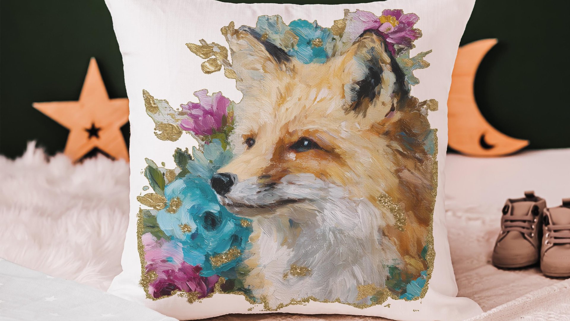 watercolor fox throw pillow for dorm, floral fox bedroom decor, fox gifts for women, whimsical woodland nursery decor, college gifts for