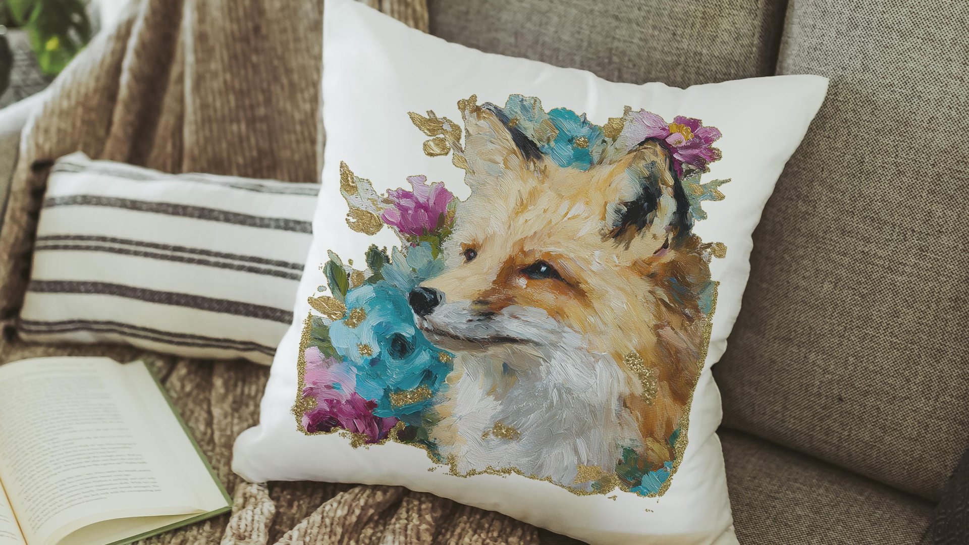 watercolor fox throw pillow for dorm, floral fox kitchen towels, college apartment decor, fox gifts for women, college gifts for girls, best