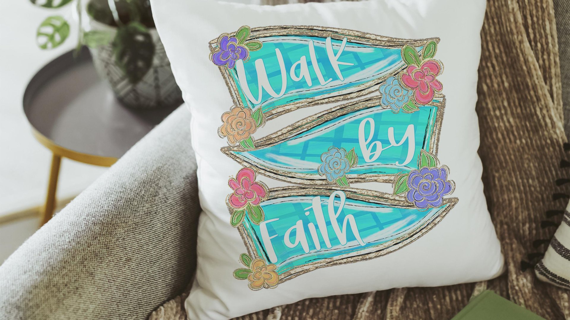 walk by faith scripture throw pillow for couch, 2 Corinthians 5:7 Bible verse kitchen decor, Christian gifts for women sisters in Christ