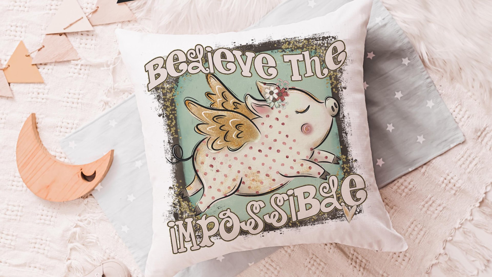 flying pig throw pillows for kids, believe the impossible inspirational gifts for girls, encouraging classroom decor, cute pig gifts for her