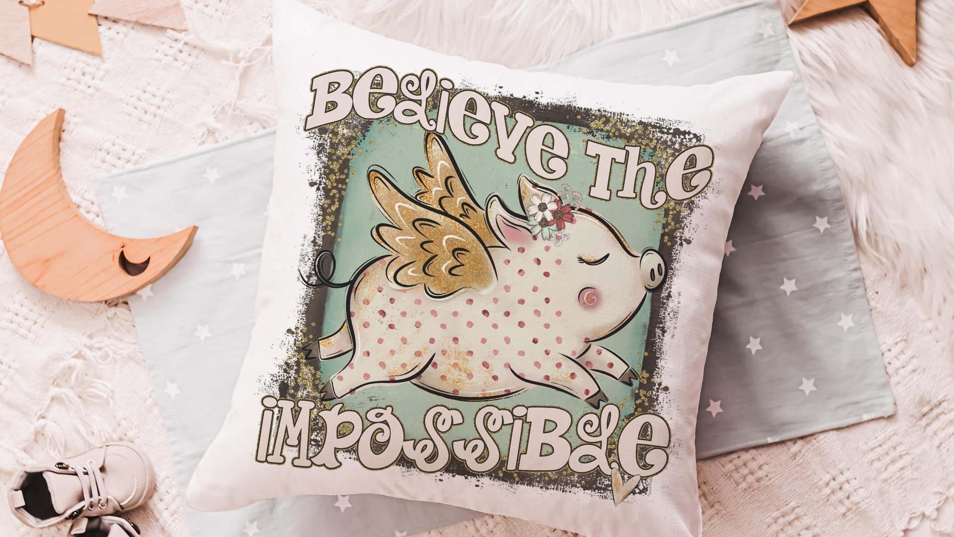flying pig throw pillows for kids, believe the impossible inspirational gifts for girls, encouraging classroom decor, cute pig gifts for her