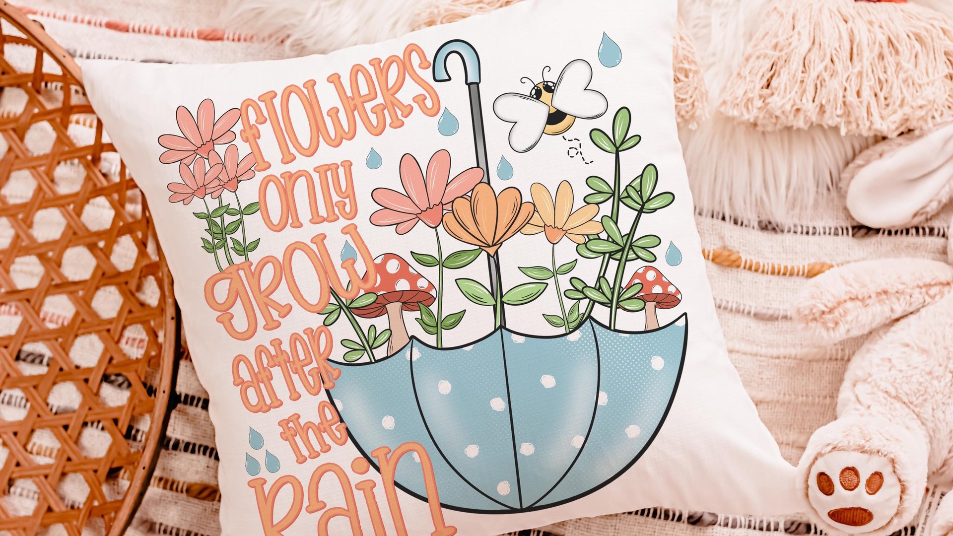 after the rain inspirational decorative pillows for girls, reading nook decor, floral throw pillow covers 18 x 18, wildflower nursery decor