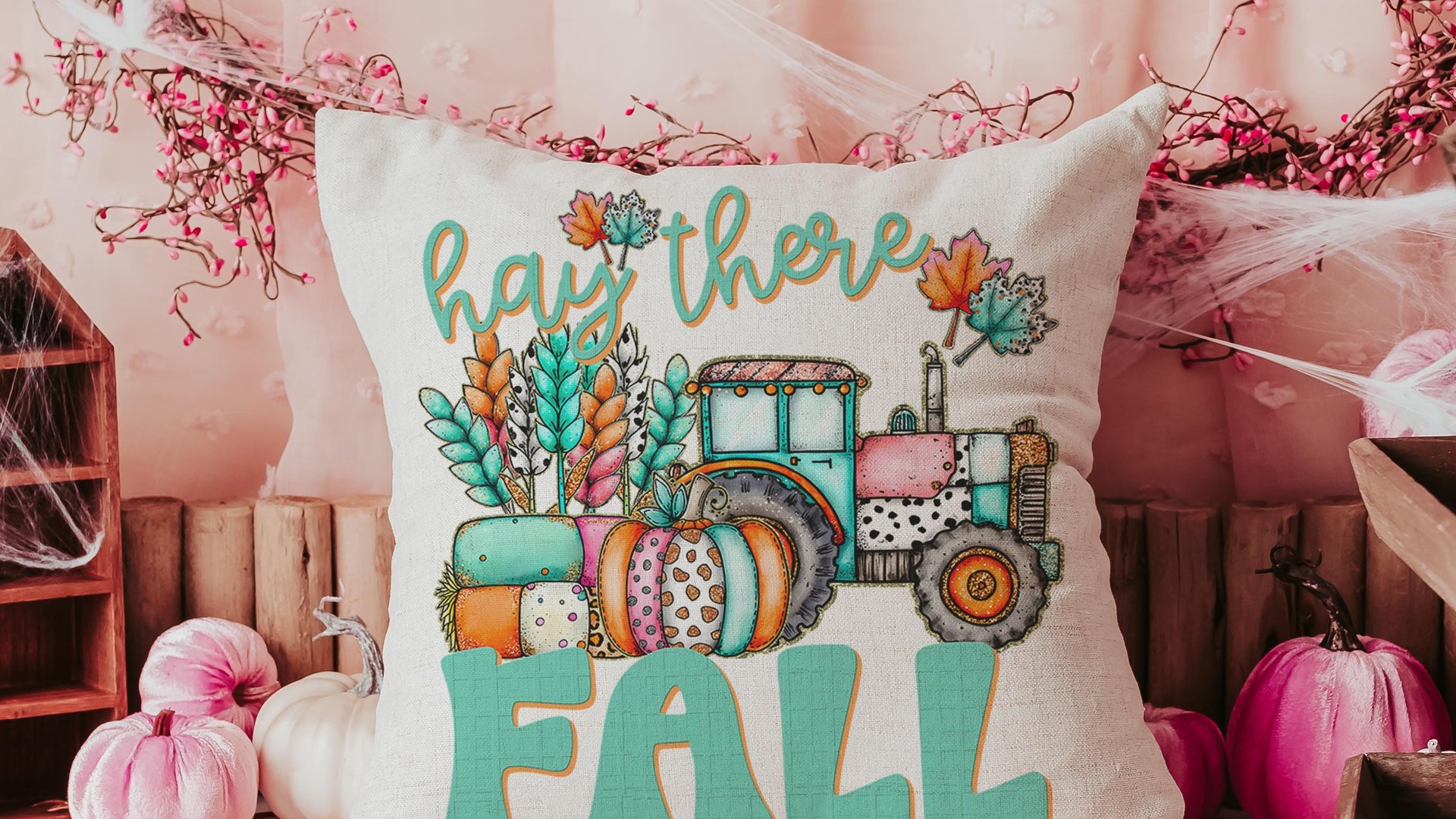 farm tractor hay there fall accent pillows for sofa, fall style gift, pink pumpkin kitchen towels, fall host gift, turquoise fall decor best