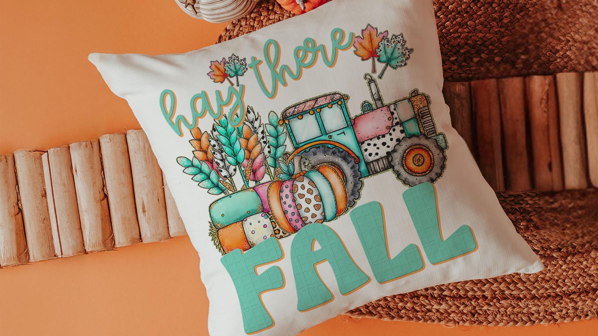 farm tractor hay there fall accent pillows for sofa, fall style gift, pink pumpkin kitchen towels, fall host gift, turquoise fall decor best