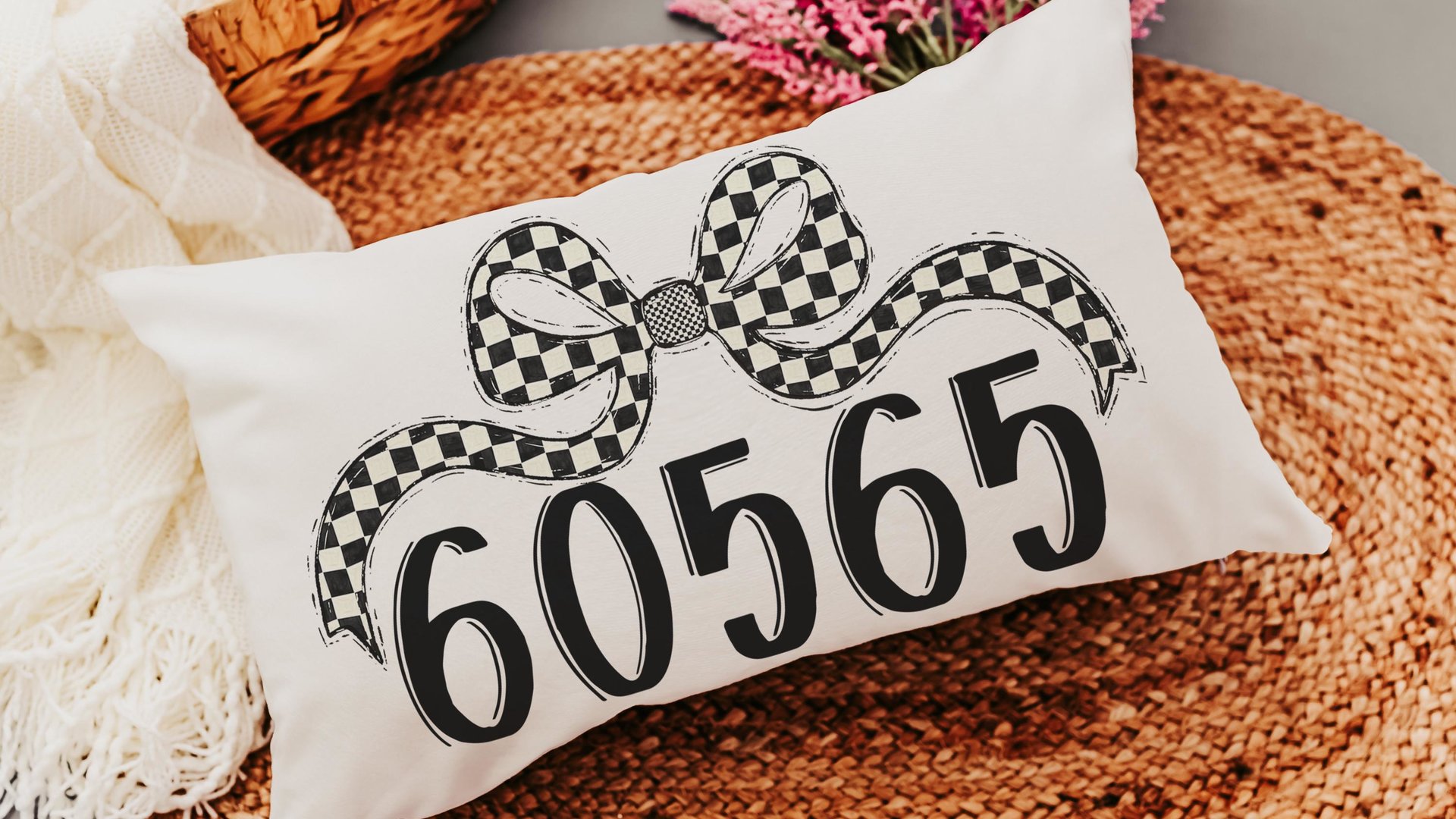 personalized black and white checkered coquette throw pillow for dorm, college gifts for her, custom zip code pillow, college dorm decor for