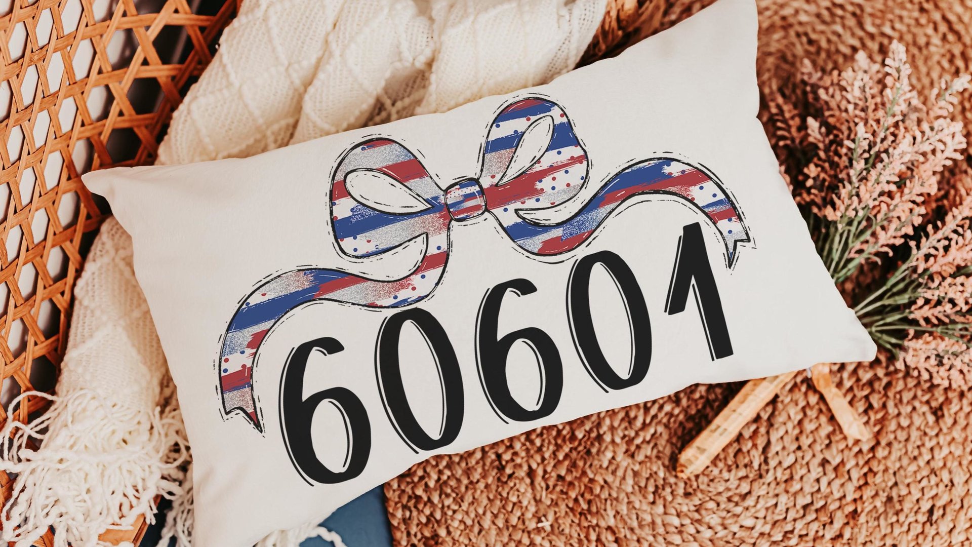 personalized patriotic coquette throw pillow for dorm, college gifts for her, custom zip code pillow cover 12x20, college dorm decor for