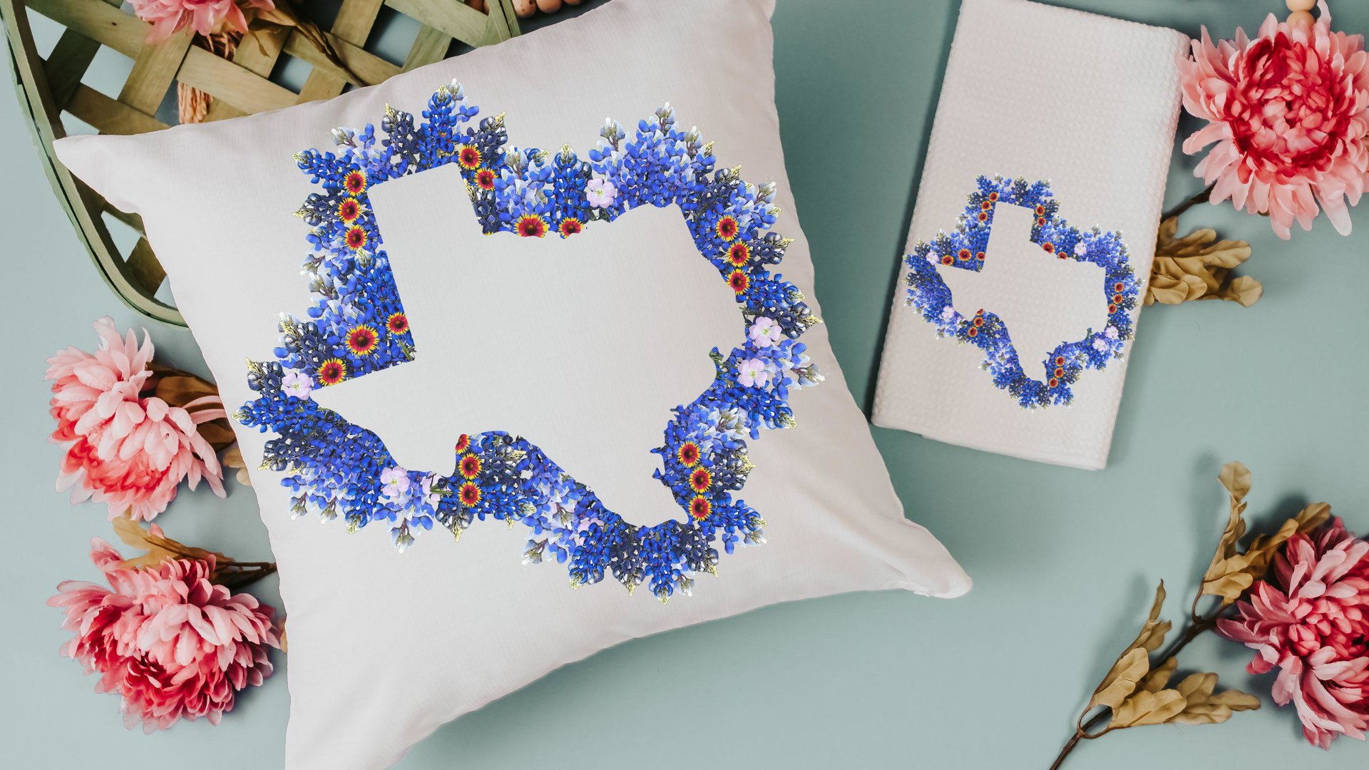floral Texas throw pillow for sofa, Texas state flower bluebonnet gifts for women, moving to Texas gifts for her, Texas wildflower pillow