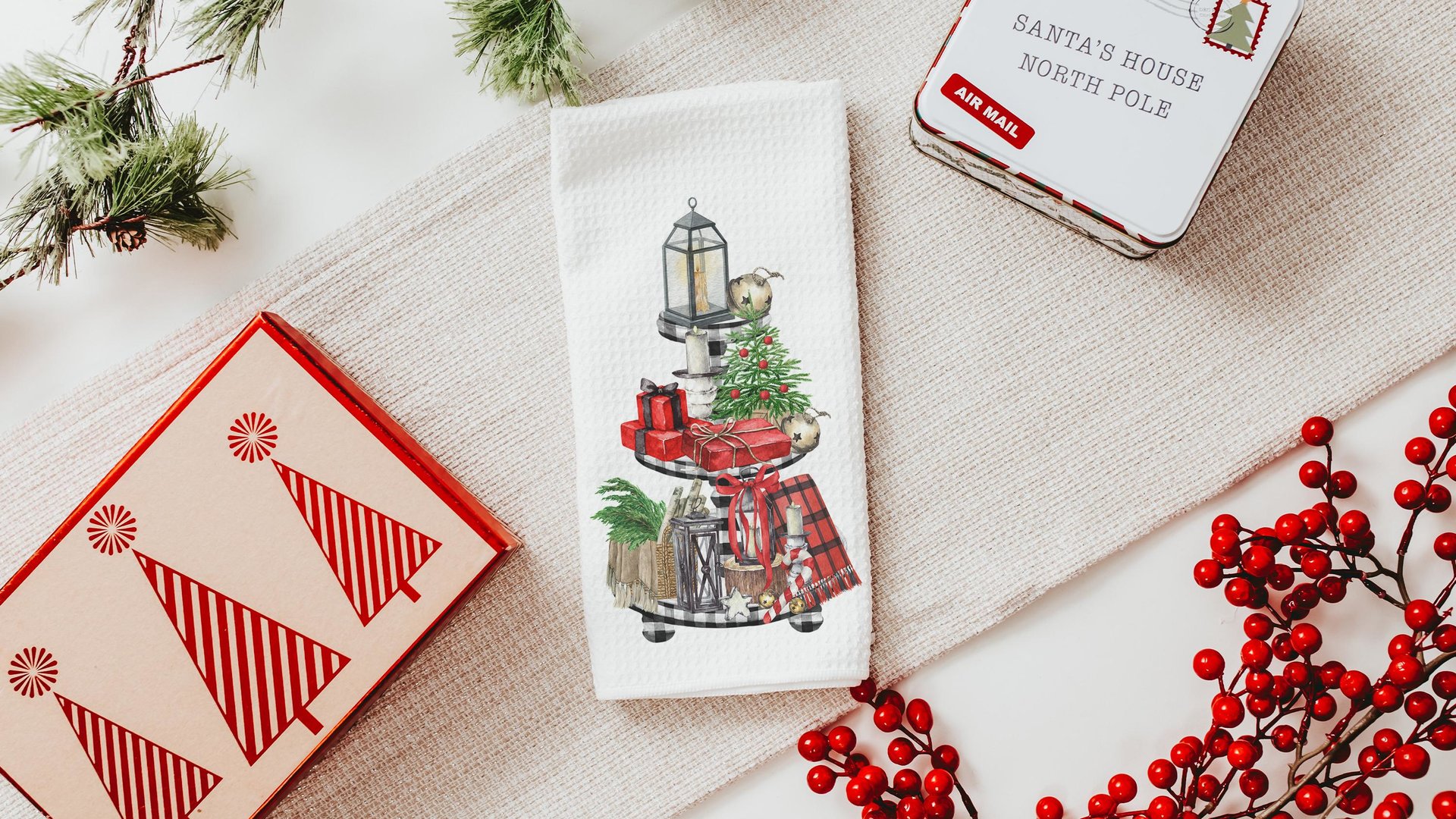 greenery Christmas kitchen towel for women, buffalo plaid Christmas hand towels for bathroom farmhouse Christmas gift for her, secret Santa