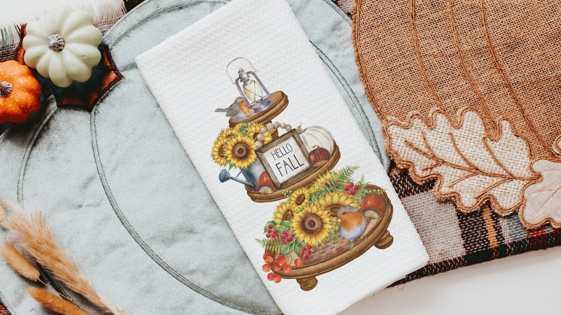 hello fall kitchen towels, fall host gift, sunflower kitchen decor, autumn kitchen hand towels, fall style gift, sunflower gifts for friend
