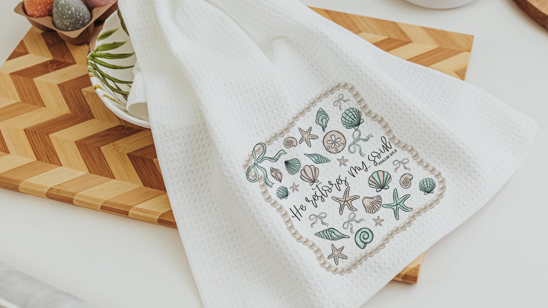 he restores my soul Psalm 23:3 Bible verse throw pillows for bed, Christian gifts for best friends, seashell coquette kitchen towels, beach