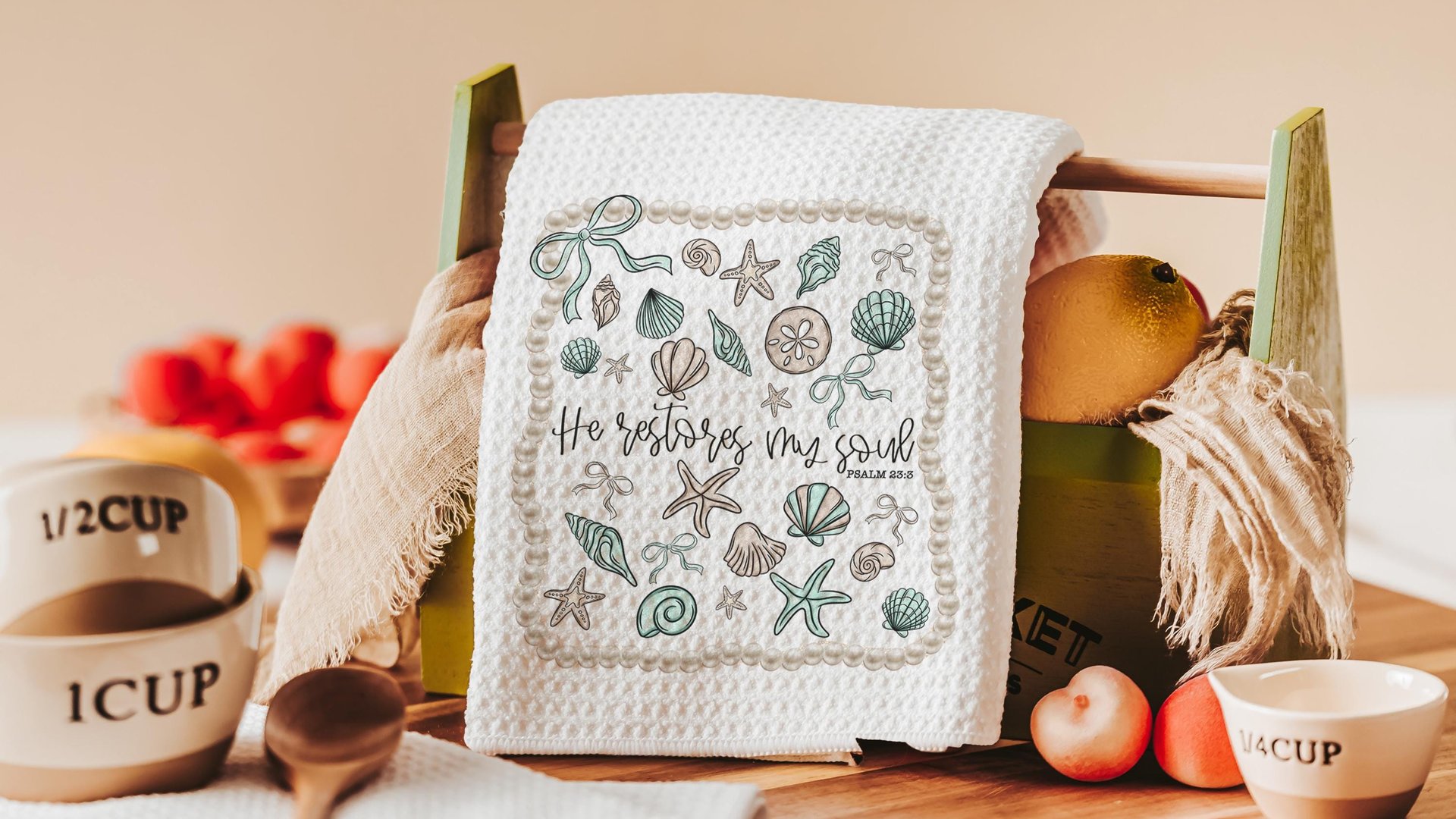 he restores my soul Psalm 23:3 Bible verse throw pillows for bed, Christian gifts for best friends, seashell coquette kitchen towels, beach