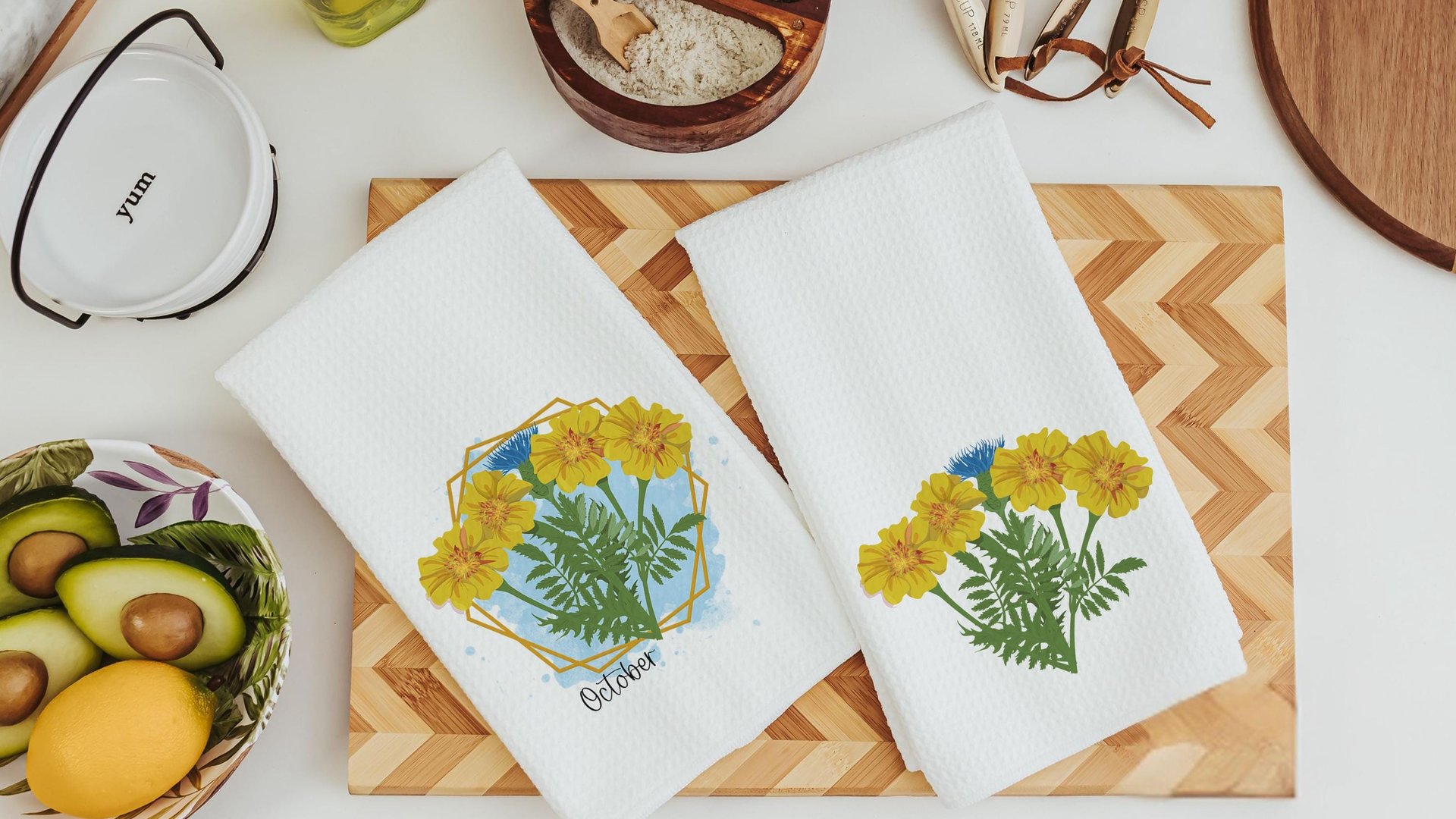 cosmos flower throw pillows for sofa, October birth flower gift for teacher, marigold flower kitchen towels, October birthday gifts for bff