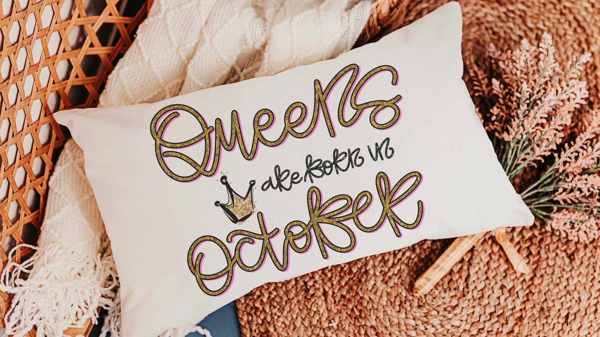 queens are born in October girly throw pillows for bed, cute lumbar pillow for living room, October birthday gifts for her, college gifts