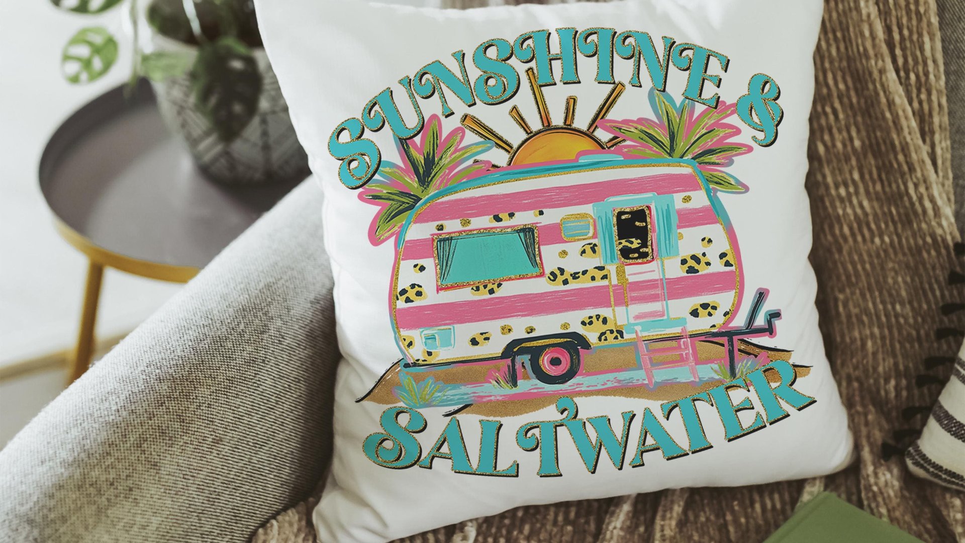 sunshine and saltwater summer throw pillow boho camper decor for RV life essentials gift, hippie kitchen towels for sister, beach house gift