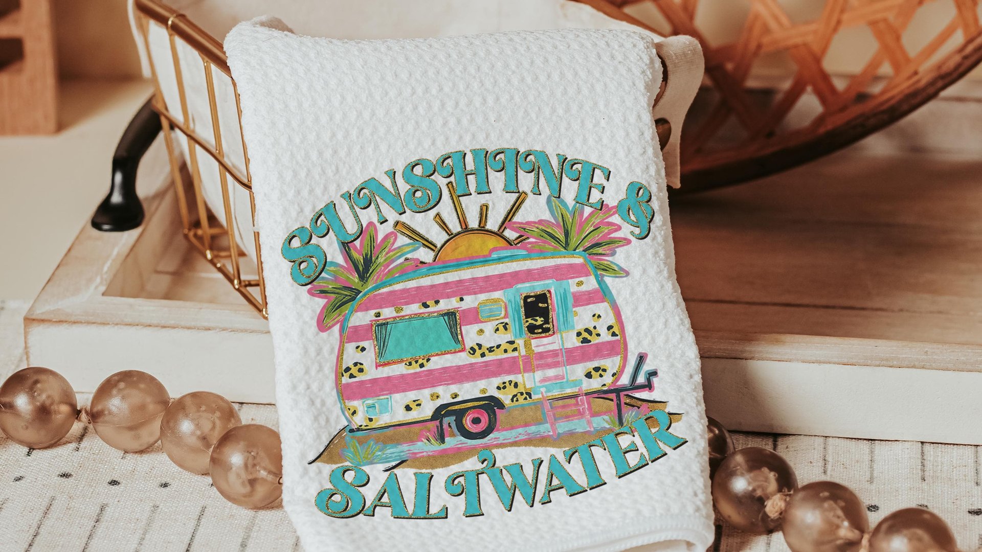 sunshine and saltwater summer throw pillow boho camper decor for RV life essentials gift, hippie kitchen towels for sister, beach house gift
