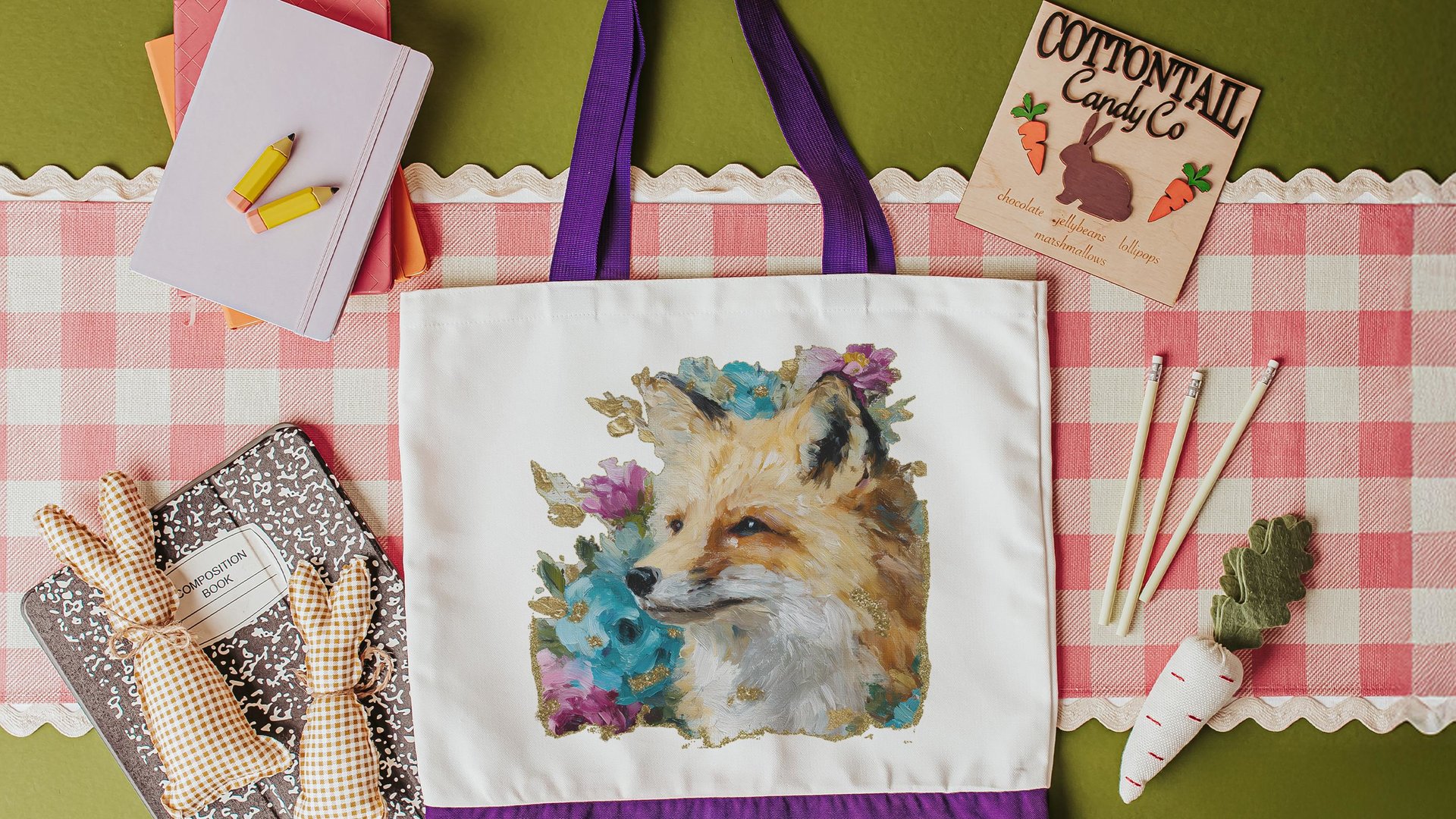 watercolor fox tote bag teacher gifts for women, floral fox gifts for sisters, library tote for books, college gifts for girls, eco friendly