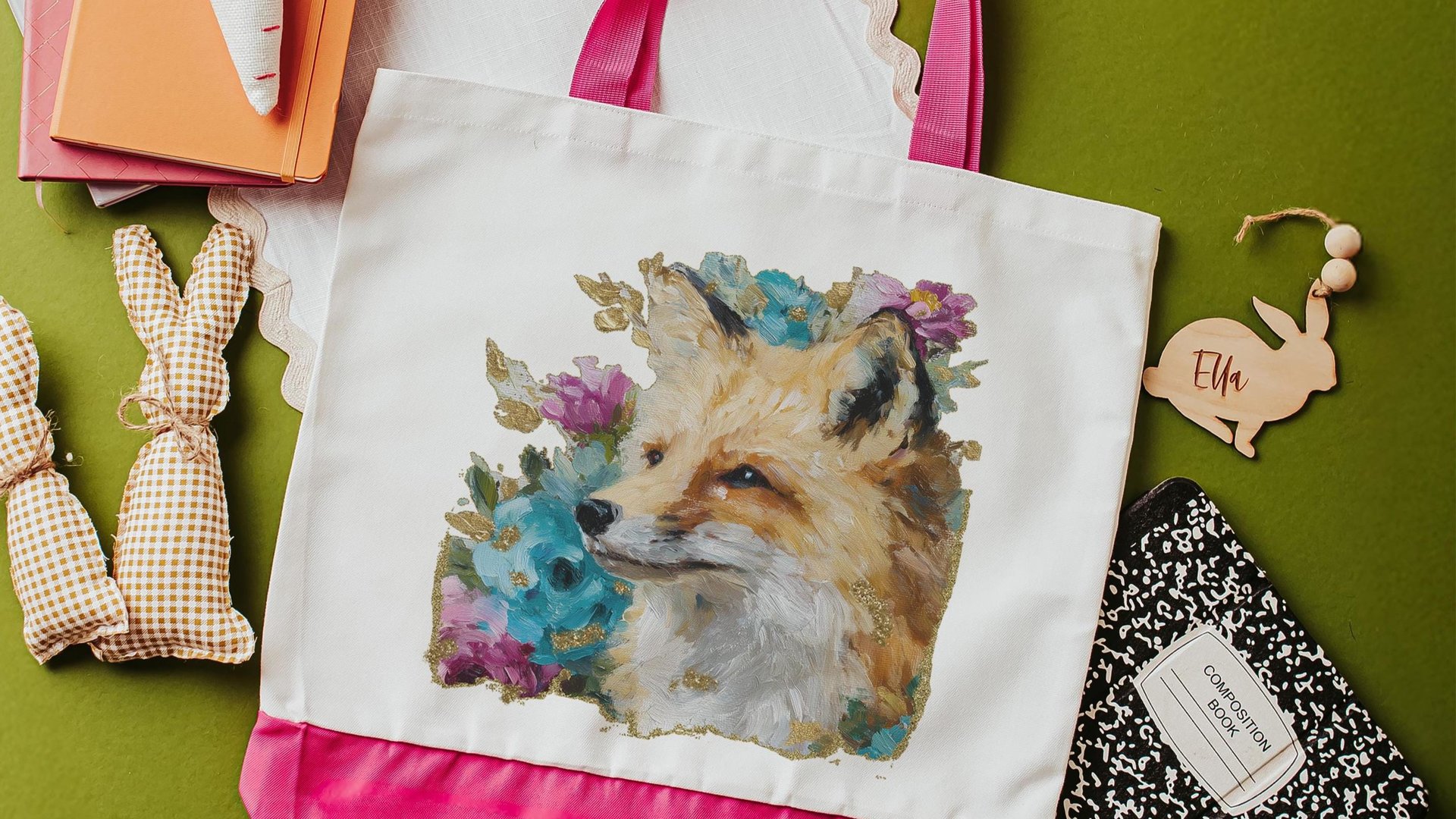 watercolor fox tote bag teacher gifts for women, floral fox gifts for sisters, library tote for books, college gifts for girls, eco friendly