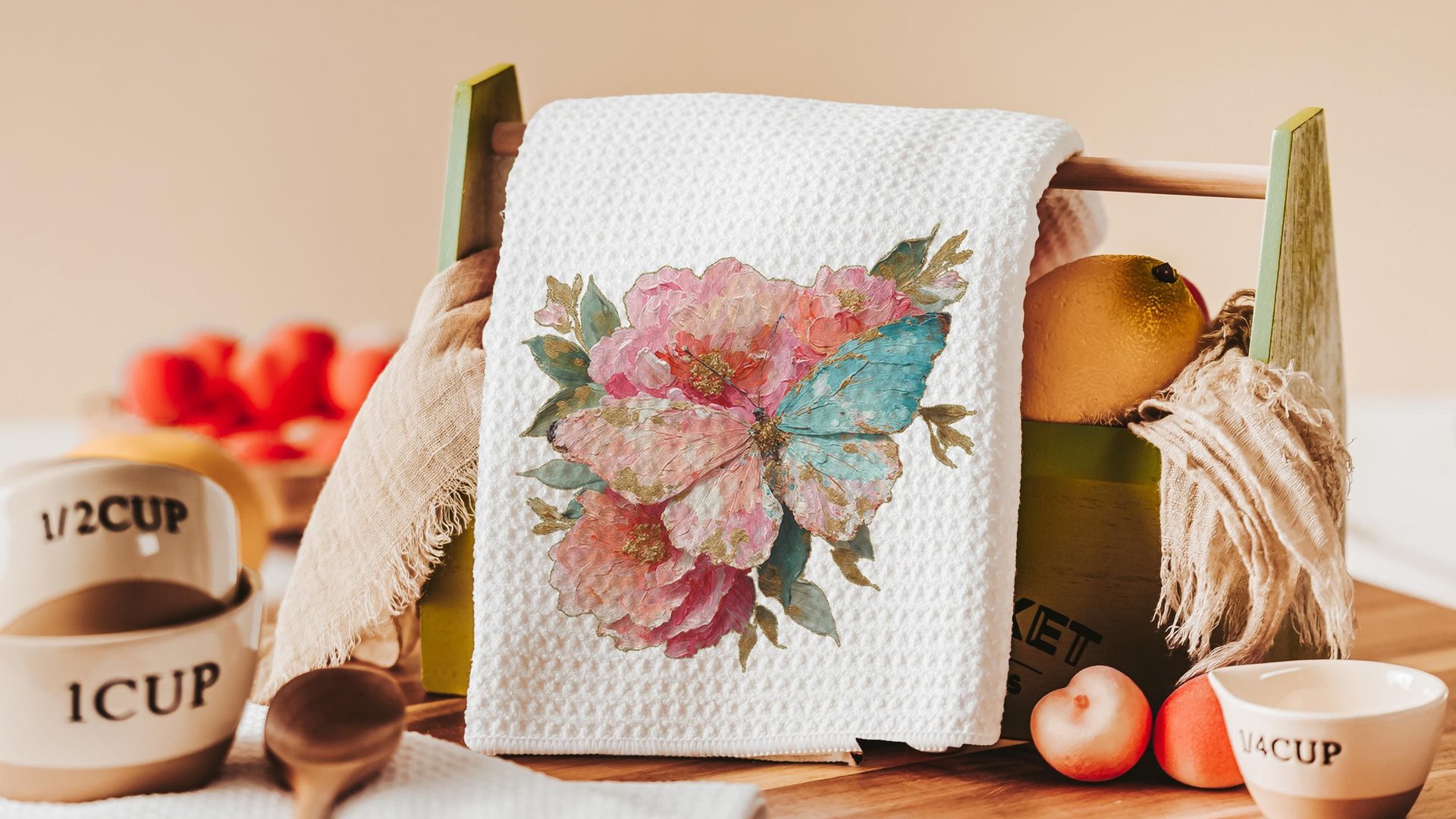 blush pink butterfly hand towels for bathroom, watercolor flower kitchen towels for daughter, muted teal butterfly gifts for her, guest