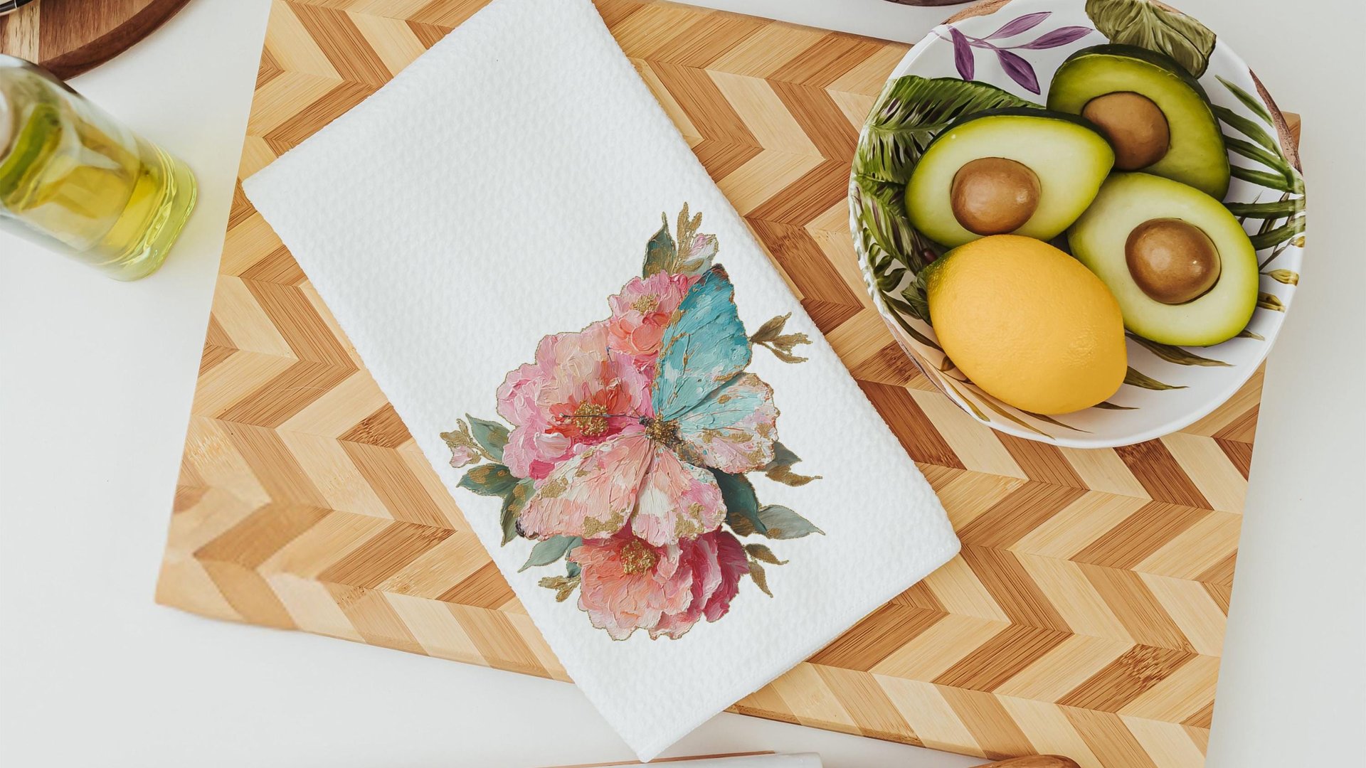 blush pink butterfly hand towels for bathroom, watercolor flower kitchen towels for daughter, muted teal butterfly gifts for her, guest