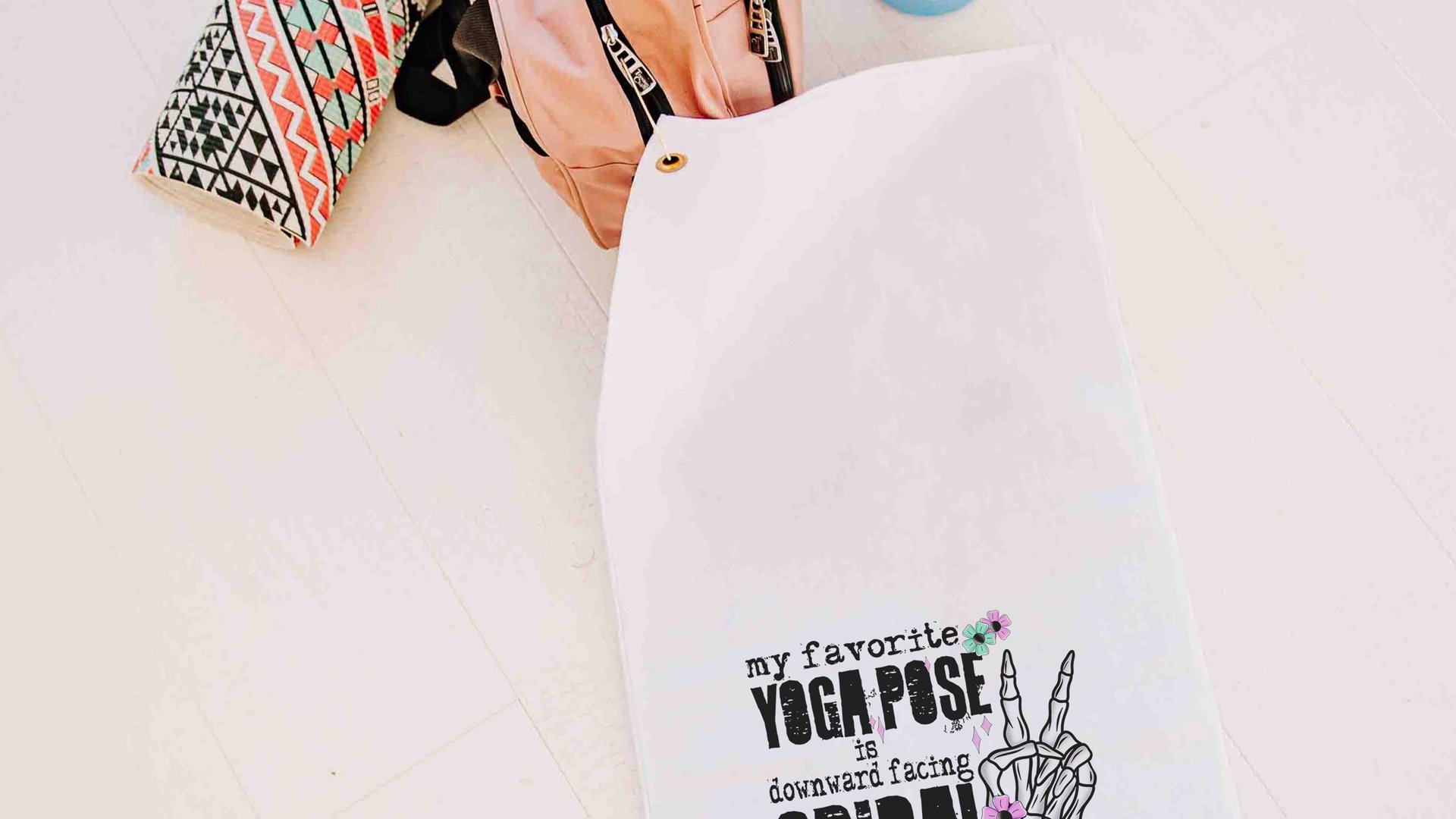 downward spiral funny yoga towels with grommet, snarky humor hot yoga gifts for women, gym bag accessories, workout gifts for her, yogi girl