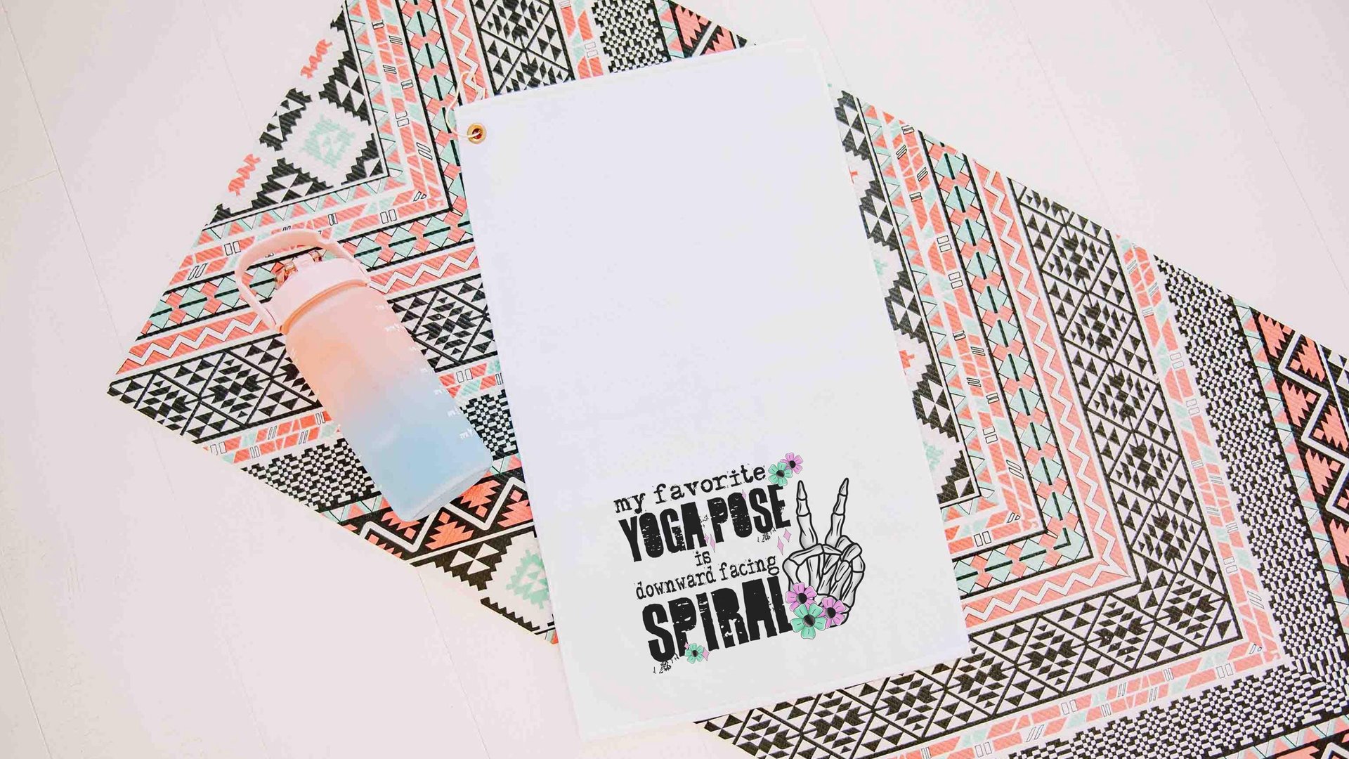 downward spiral funny yoga towels with grommet, snarky humor hot yoga gifts for women, gym bag accessories, workout gifts for her, yogi girl