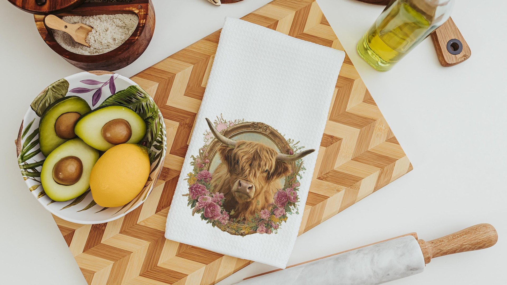 shaggy cow kitchen towels for Christmas gifts for neighbors, highland cow kitchen decor, floral cow gifts for cow lovers, secret Santa gifts
