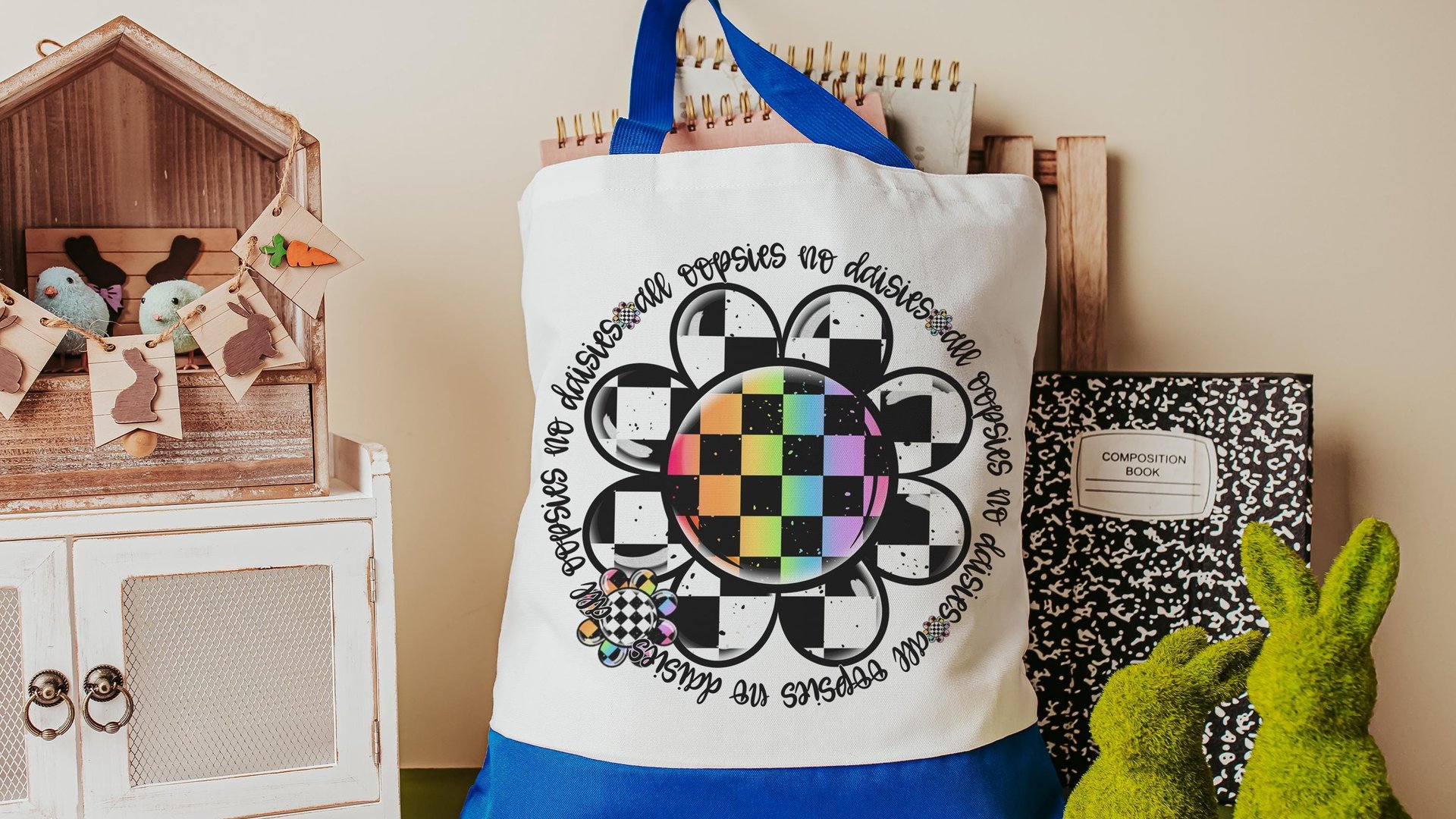all oopsies no daisies rainbow checkered tote bag for school, funny nurse gifts for women, back to school gifts for teachers, whimsical tote
