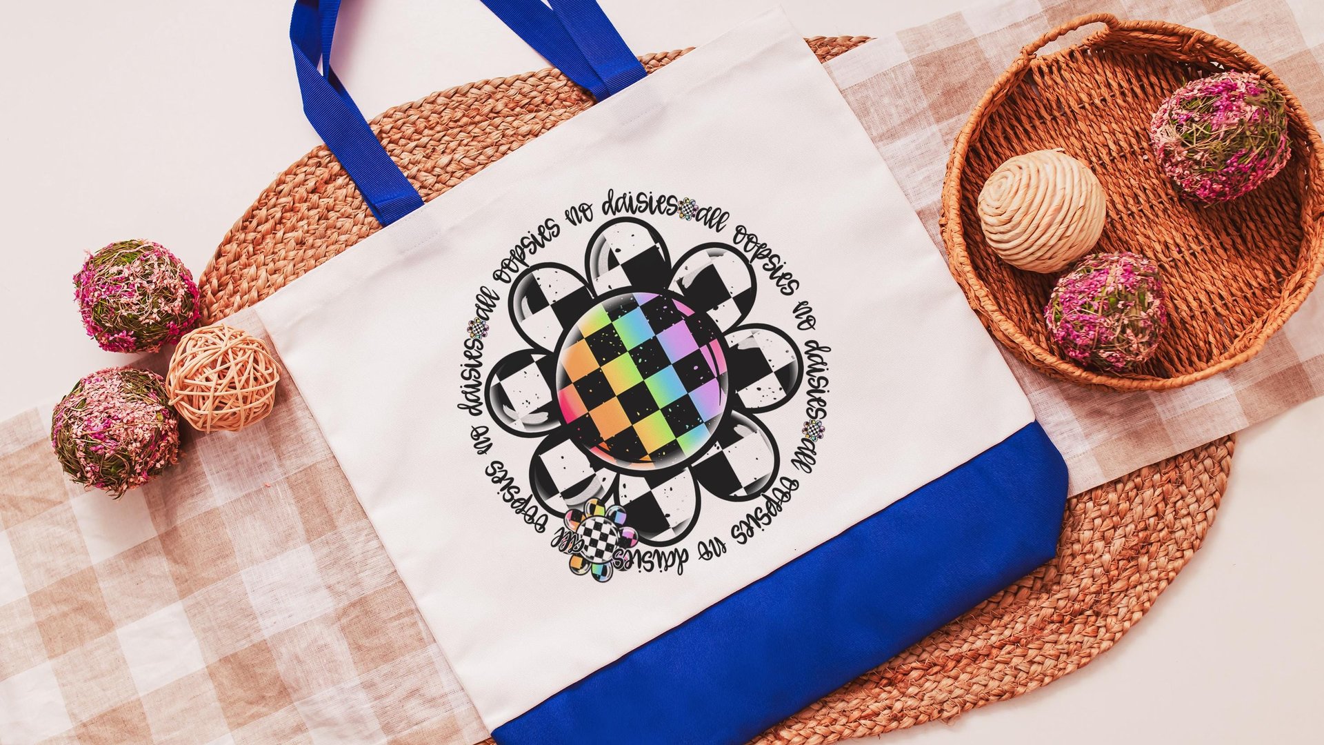 all oopsies no daisies rainbow checkered tote bag for school, funny nurse gifts for women, back to school gifts for teachers, whimsical tote