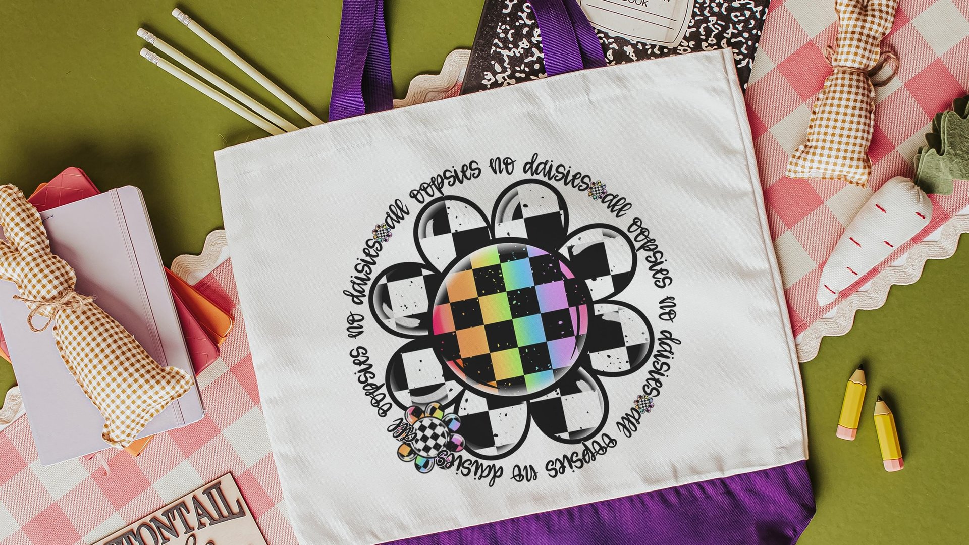 all oopsies no daisies rainbow checkered tote bag for school, funny nurse gifts for women, back to school gifts for teachers, whimsical tote