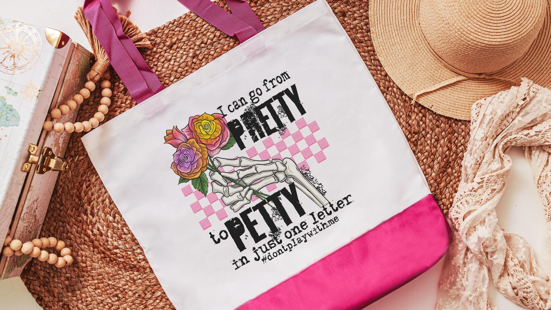 pretty to petty funny tote bag unique gifts for sisters, don't play with me sarcastic gifts for coworkers, trendy tote bags for women, best