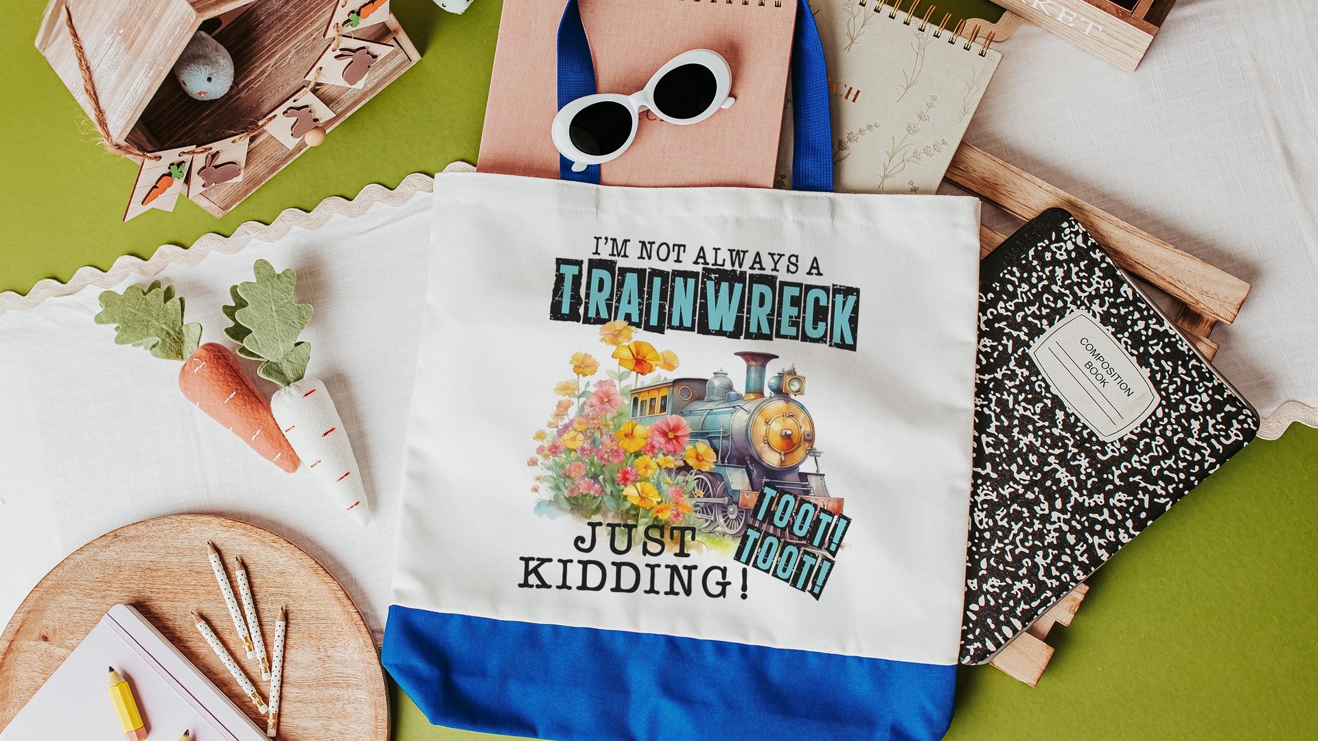 i'm not always a trainwreck funny tote bag for college students, back to school gifts for teachers, just kidding toot toot snarky tote bag