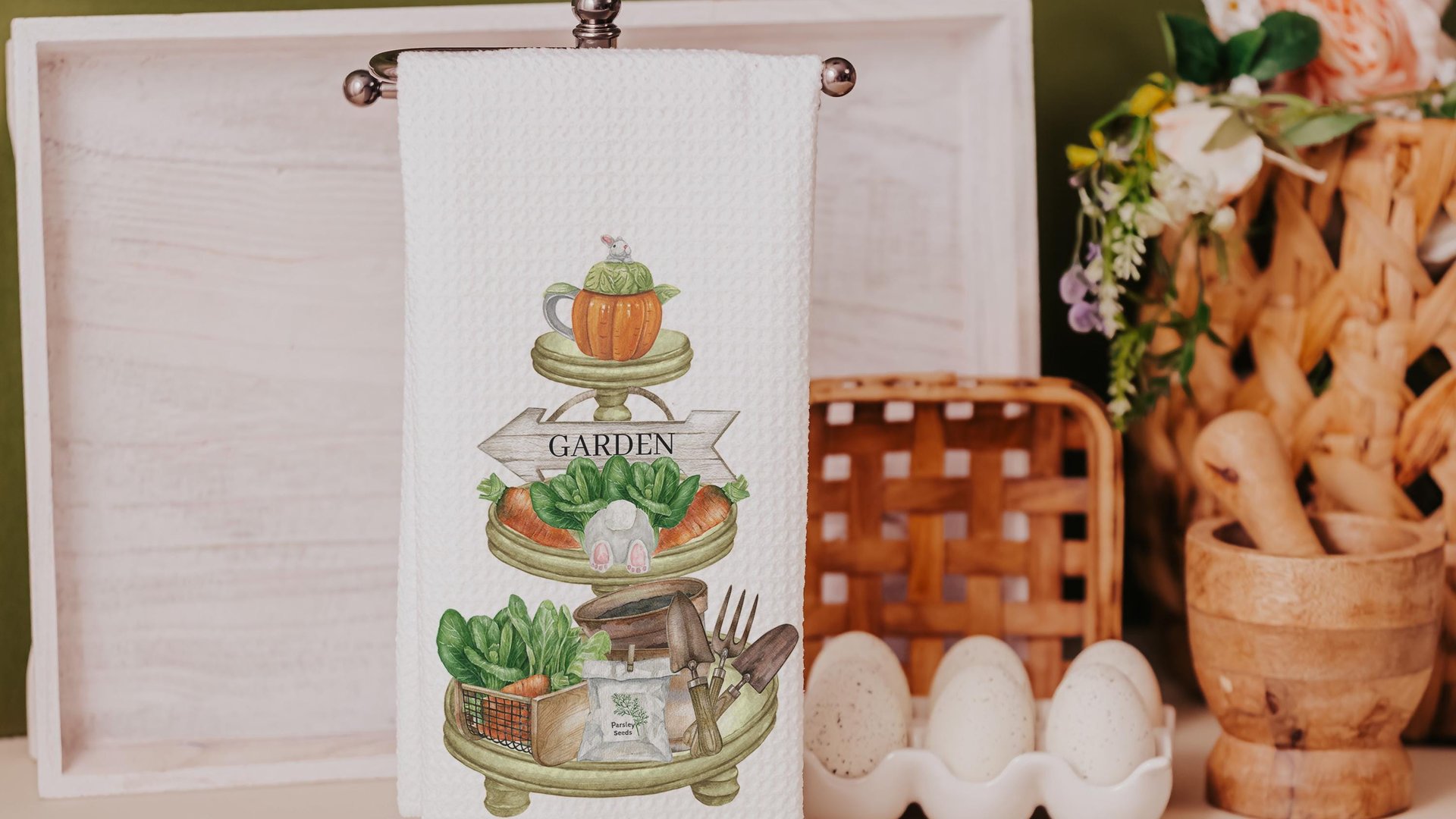 carrot patch tea towels for bathroom, Easter hostess gifts for women, gardening gifts for mom, garden kitchenette decor, bunny kitchen towel