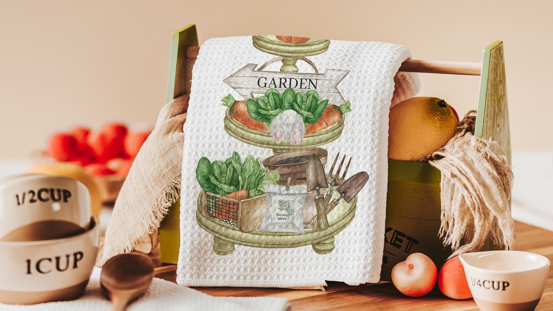 carrot patch tea towels for bathroom, Easter hostess gifts for women, gardening gifts for mom, garden kitchenette decor, bunny kitchen towel