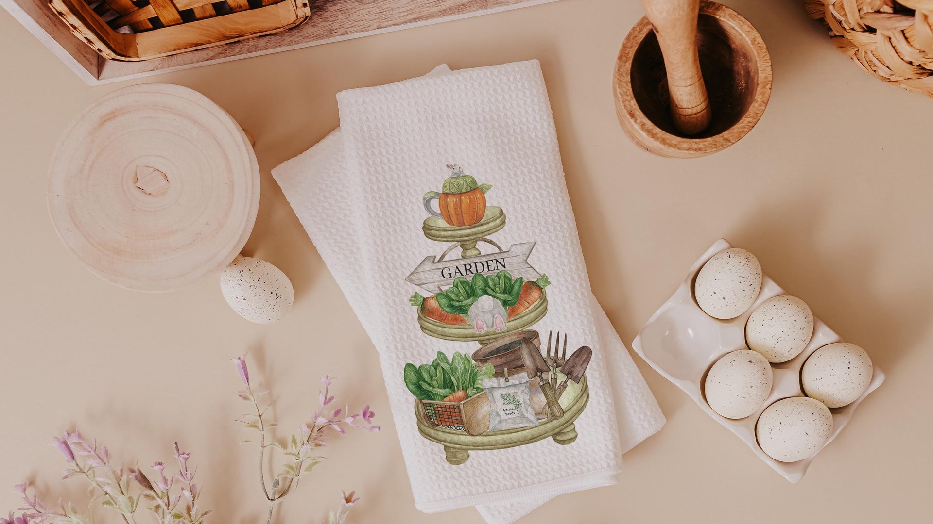 carrot patch tea towels for bathroom, Easter hostess gifts for women, gardening gifts for mom, garden kitchenette decor, bunny kitchen towel