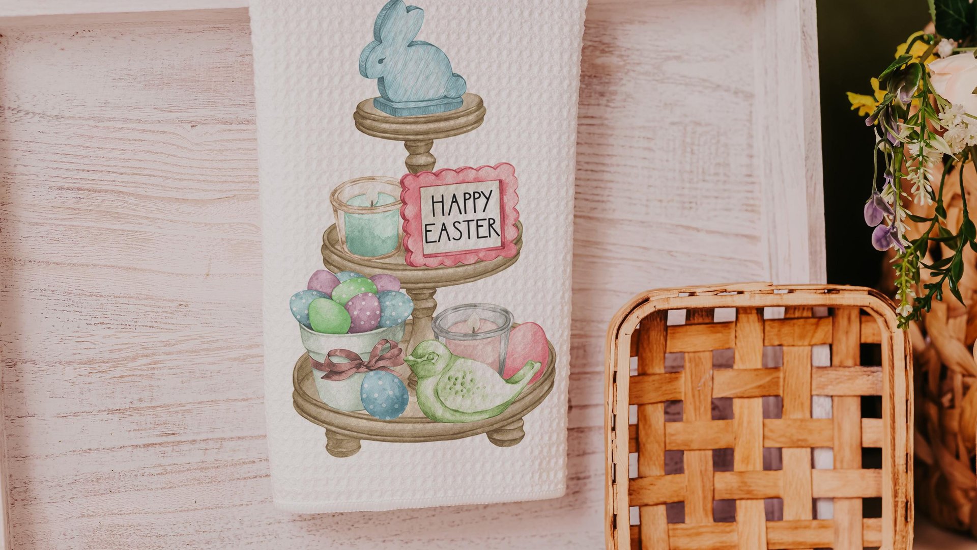 Happy Easter kitchen towels for gifts, Easter hostess gifts for women, pastel Easter kitchen hand towels for church, Easter eggs and bunnies